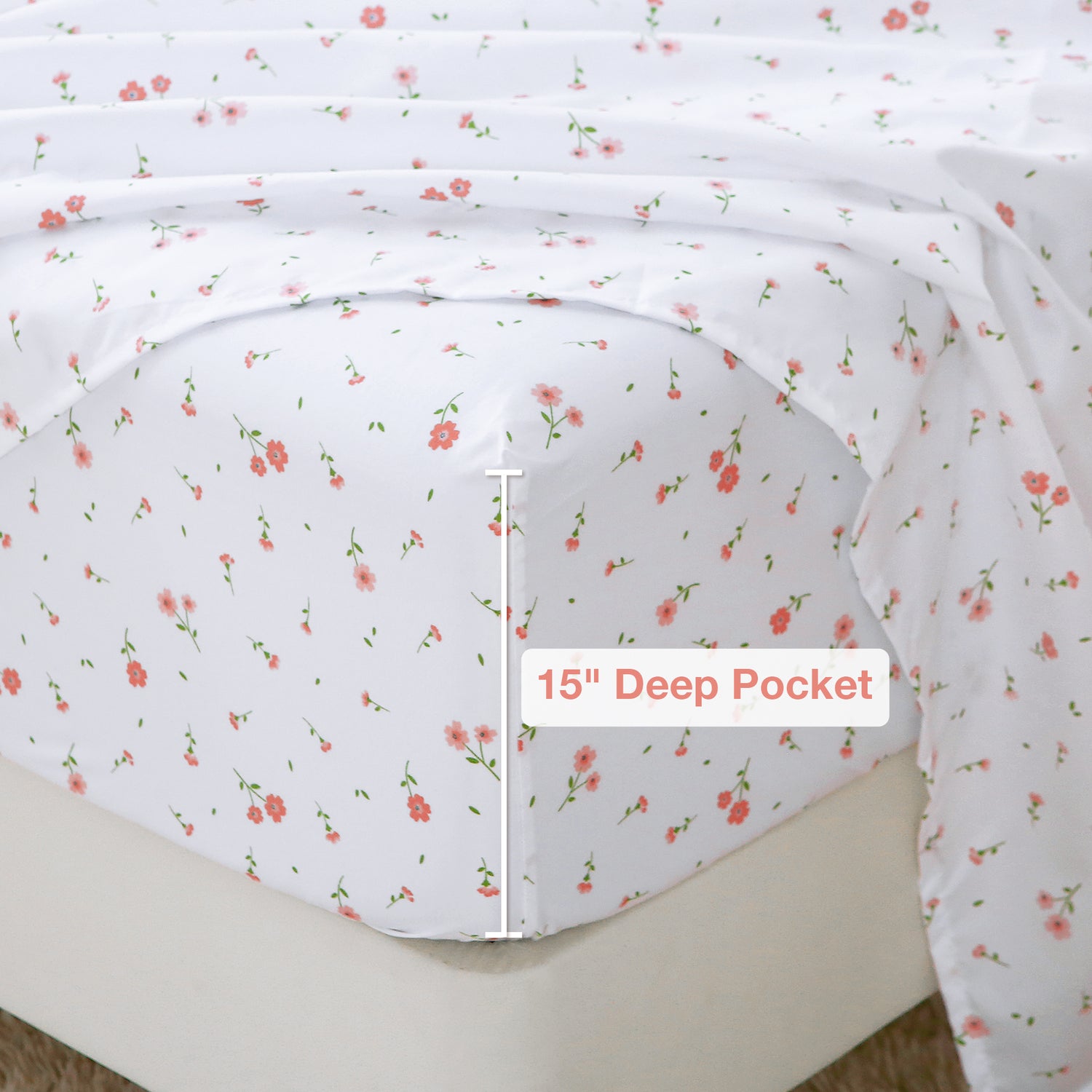 Dainty Pink Floral  Pattern  Bed Sheet Set with Non-slip Straps