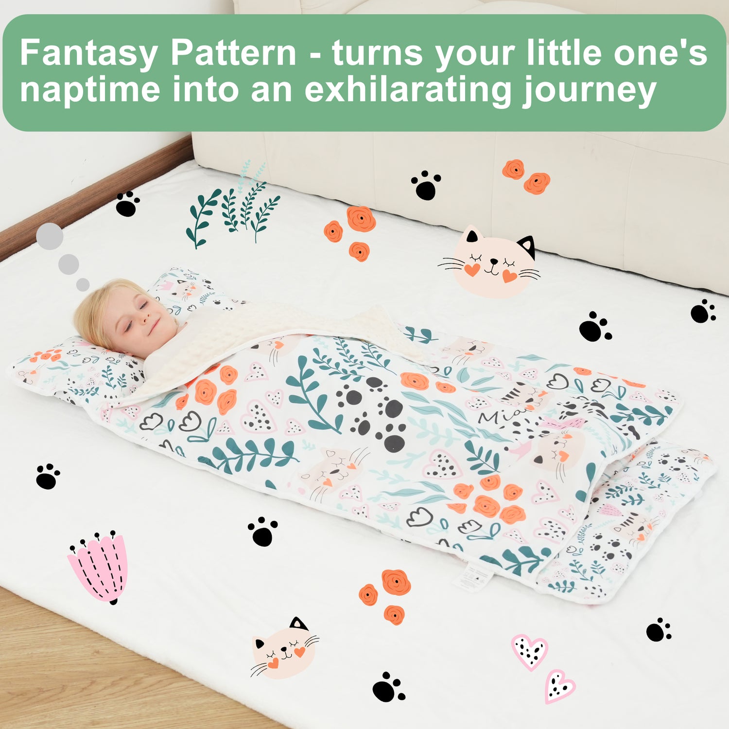 Cute Cat Toddler Nap Mat with Pillow and Blanket