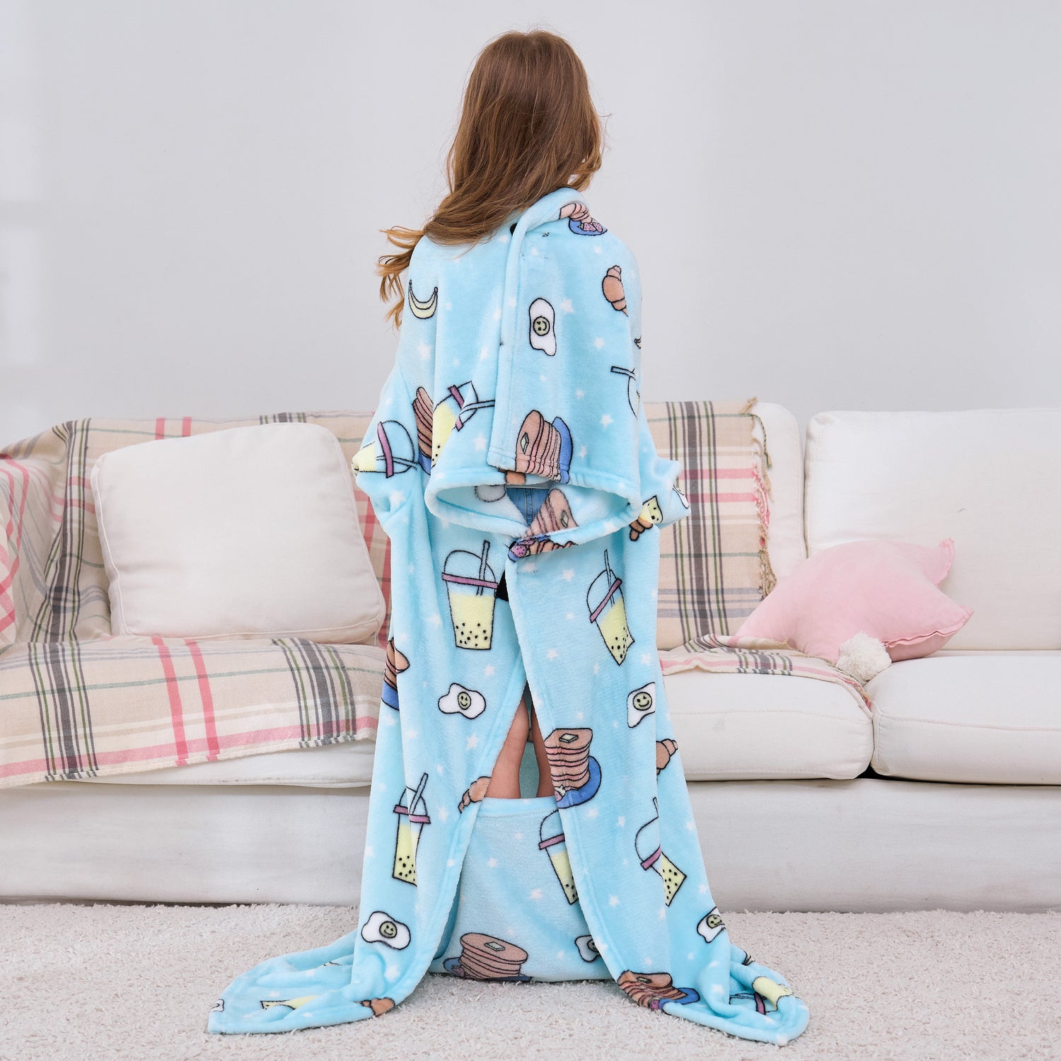 Snacks Wearable Fleece Blanket with Sleeves & Foot Pocket for Kids