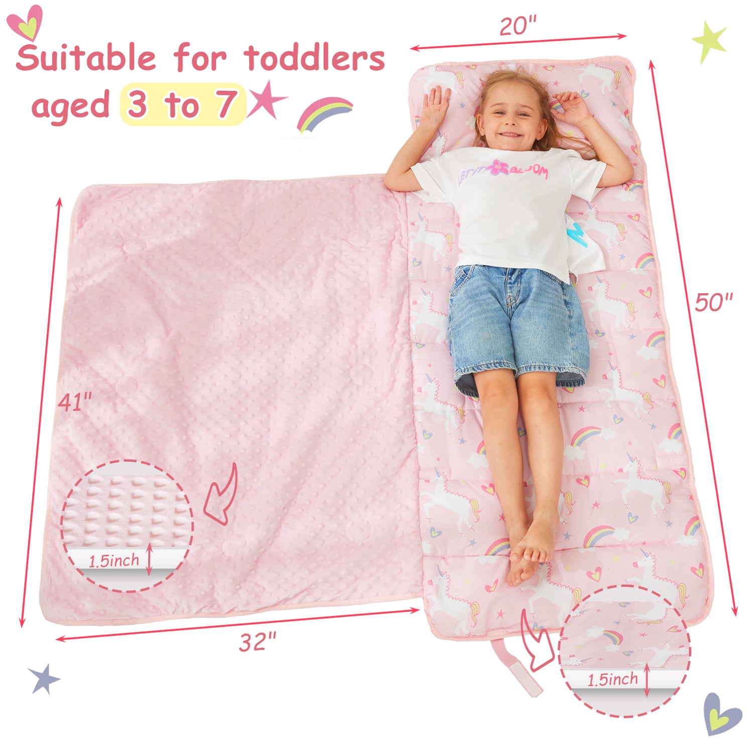 Pink Unicorn Toddler Nap Mat with Pillow and Blanket