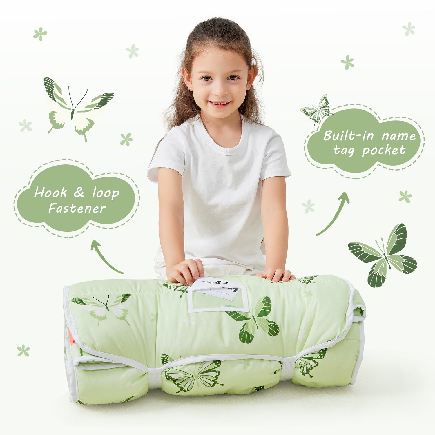 Green Butterfly Toddler Nap Mat with Pillow & Blanket