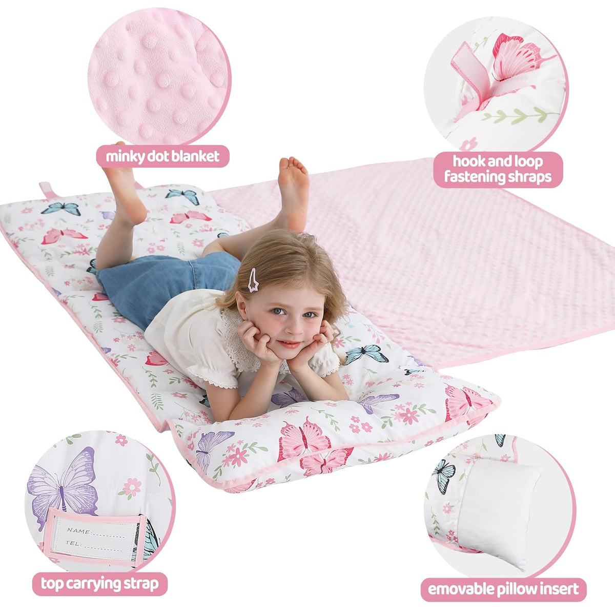 White Butterfly Toddler Nap Mat with Pillow & Blanket