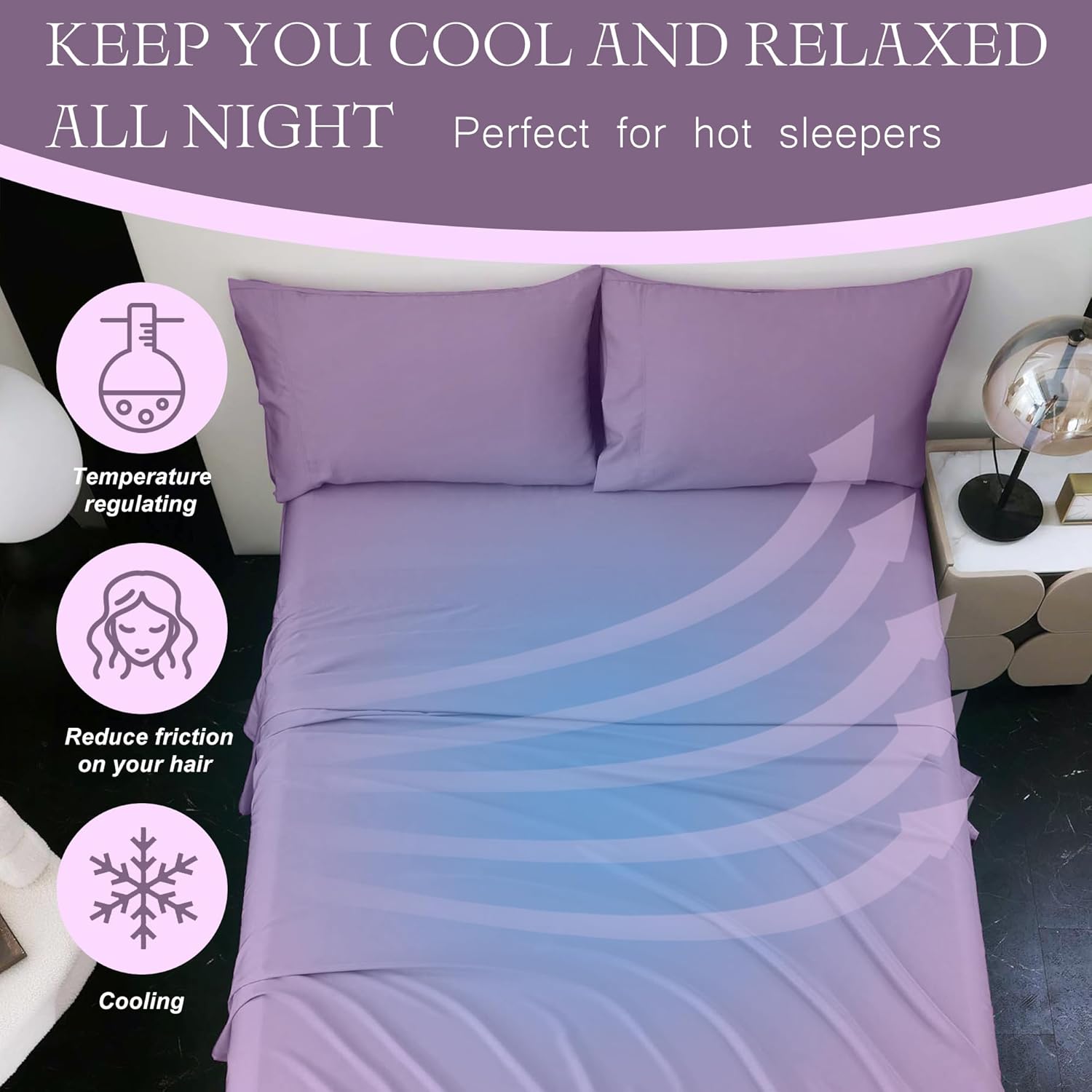 Cooling Full Double Sheets, 100% Viscose Derived from Bamboo with Elastic Corner Straps, Light Plum Cold Siky Sheet & Pillowcase Sets for Hot Sleepers