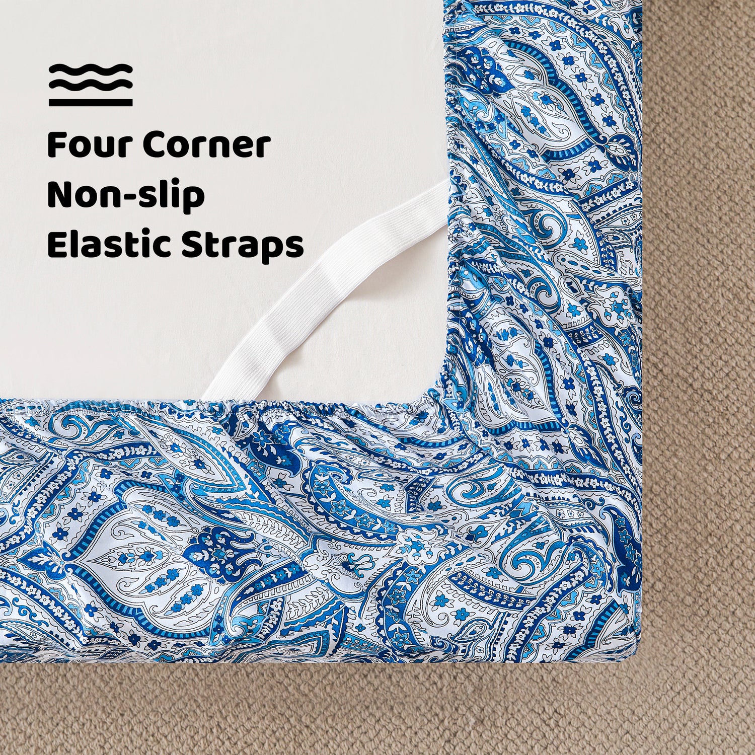 Blue Paisley Elegance Pattern  Bed Sheet Set with Non-slip Straps