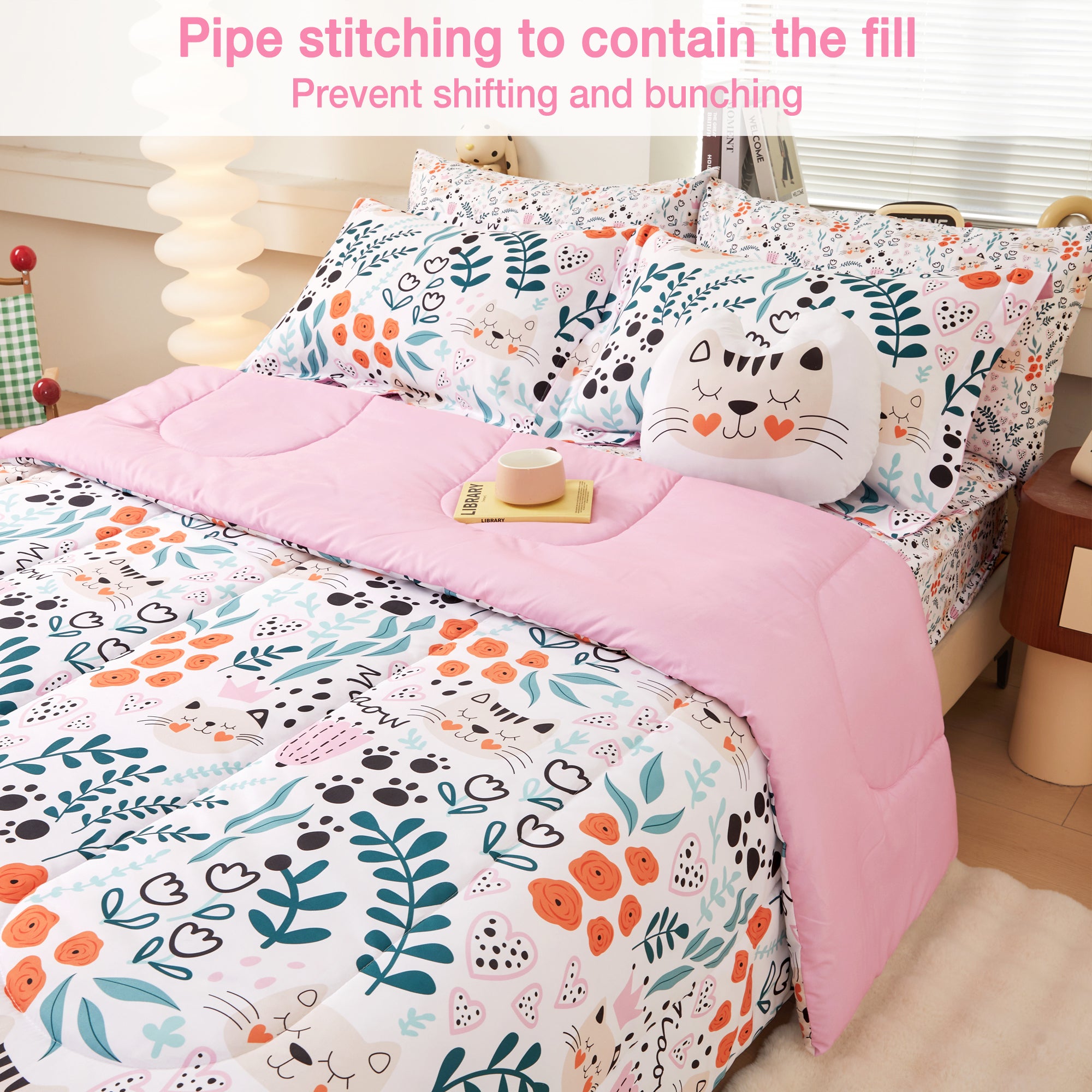 Flower and Cat Comforter Sets for Kids– 6 or 8 Piece Options
