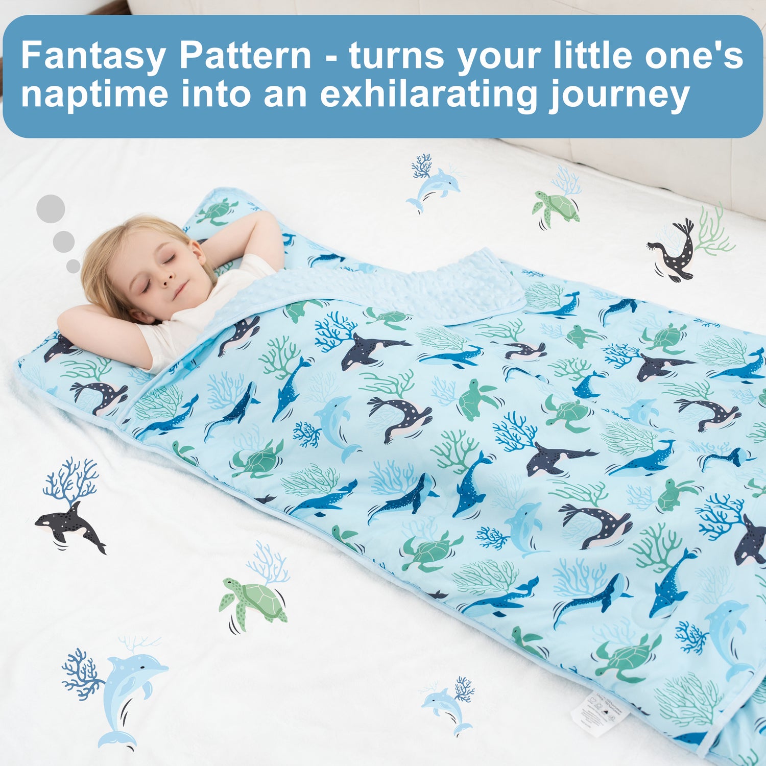 Blue Ocean Whales Toddler Nap Mat with Pillow and Blanket