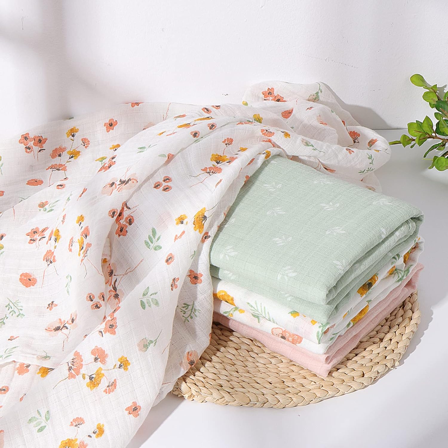 Green Floral Swaddle Blankets 4 Pack