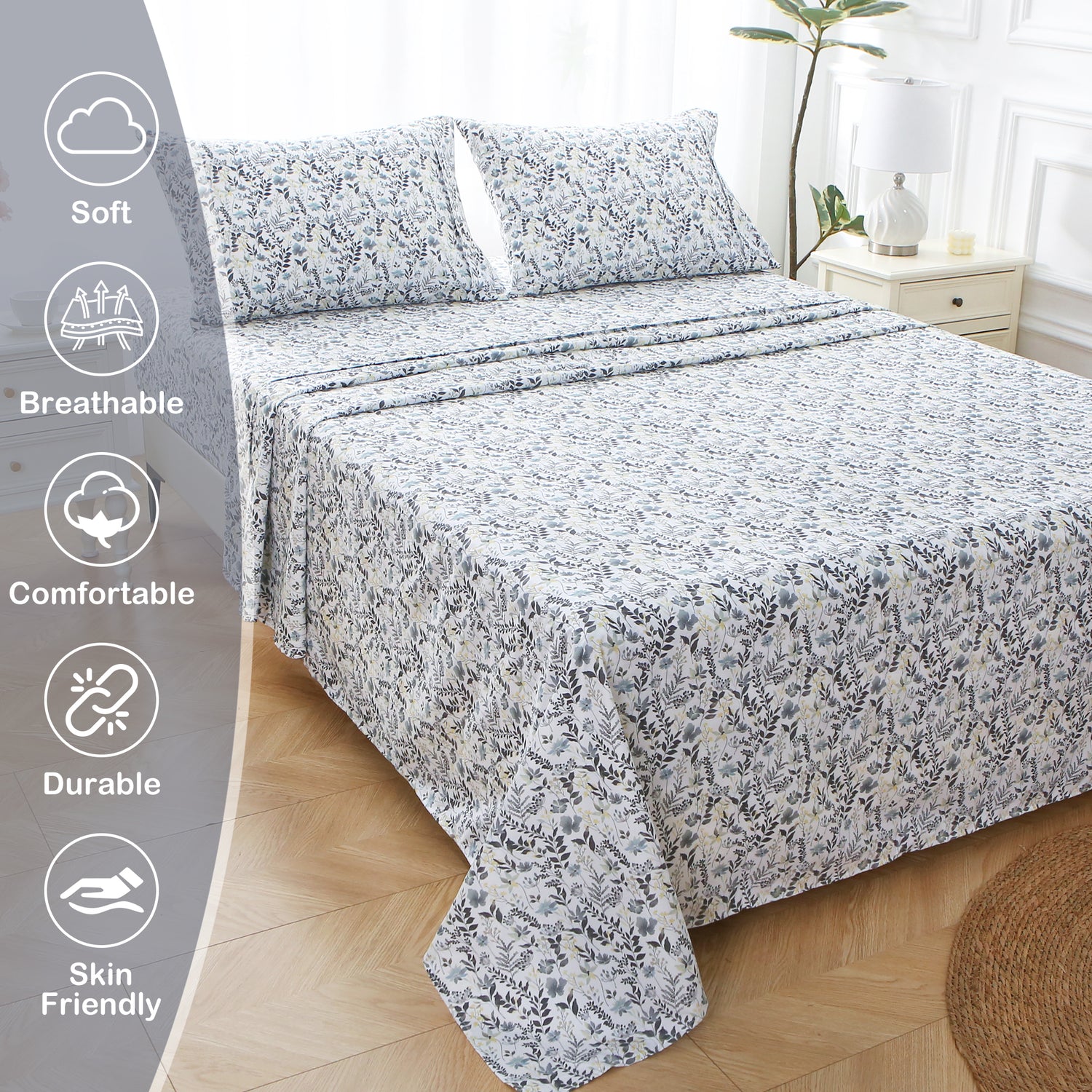 Yellow Blue Gray Gradient Flowers Bed Sheets Set
