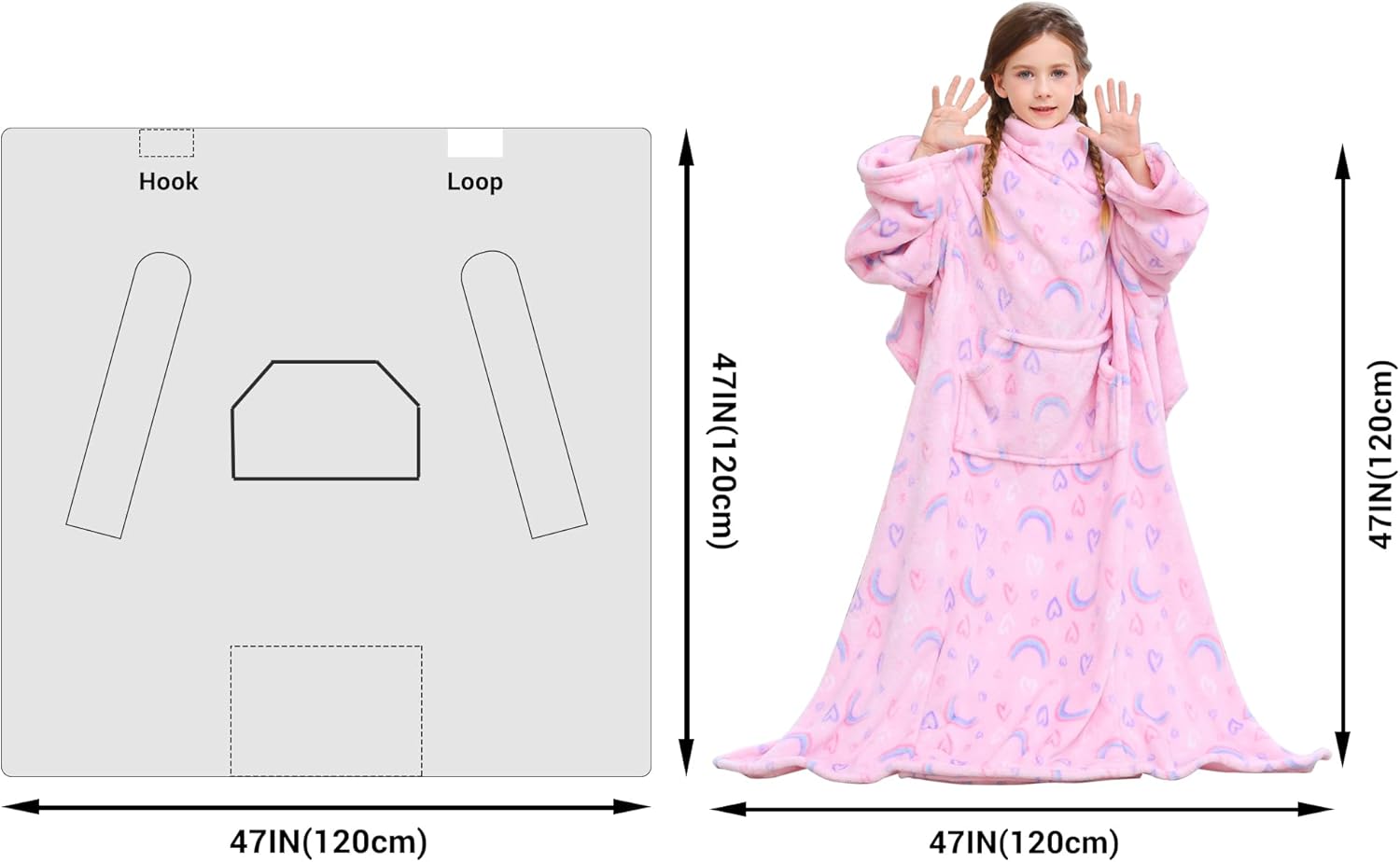 Pink Rainbow Kids Wearable Fleece Blanket with Sleeves & Foot Pocket