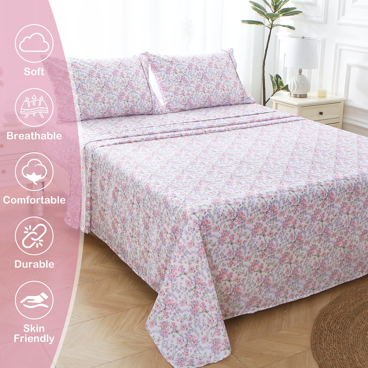 Pink Purple Ditsy Bed Sheets Set
