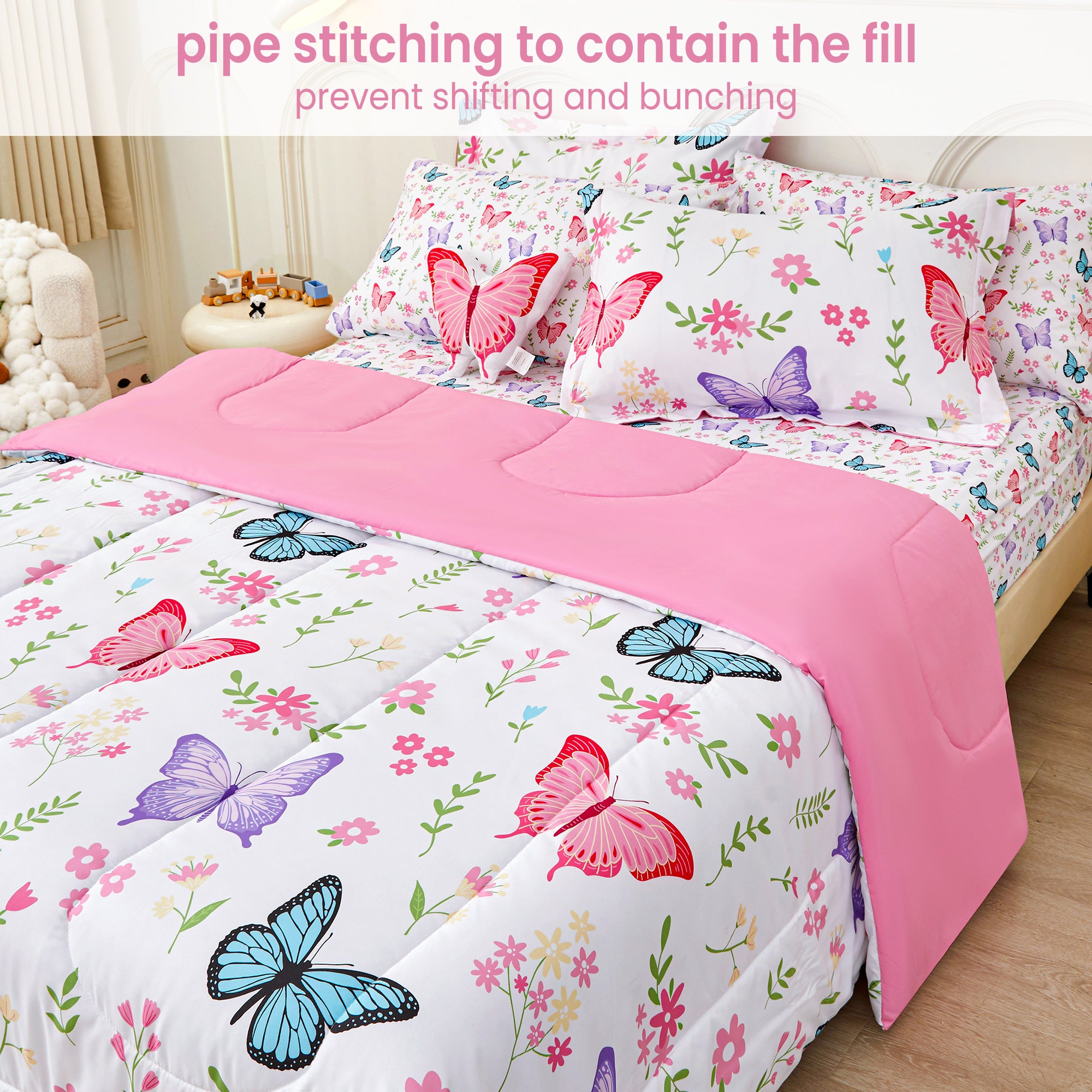 Flower Butterfly Comforter Sets for Kids– 6 or 8 Piece Options