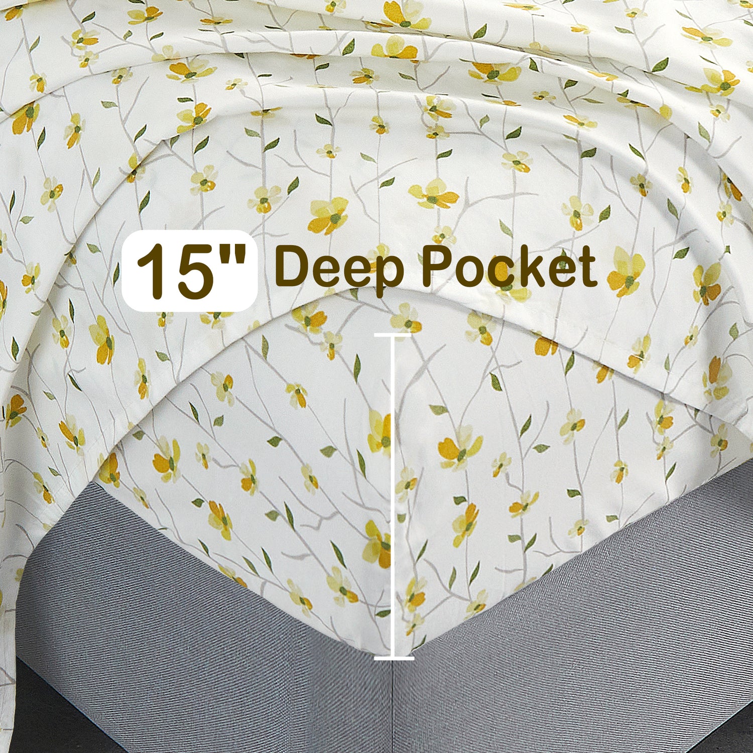 Lively Yellow Blossom Flower Pattern Bed Sheet Set with Non-slip Straps