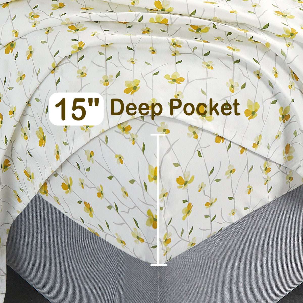 Cream Yellow Wildflower Bed Sheet Set Deep Pocket Double Brushed Microfiber