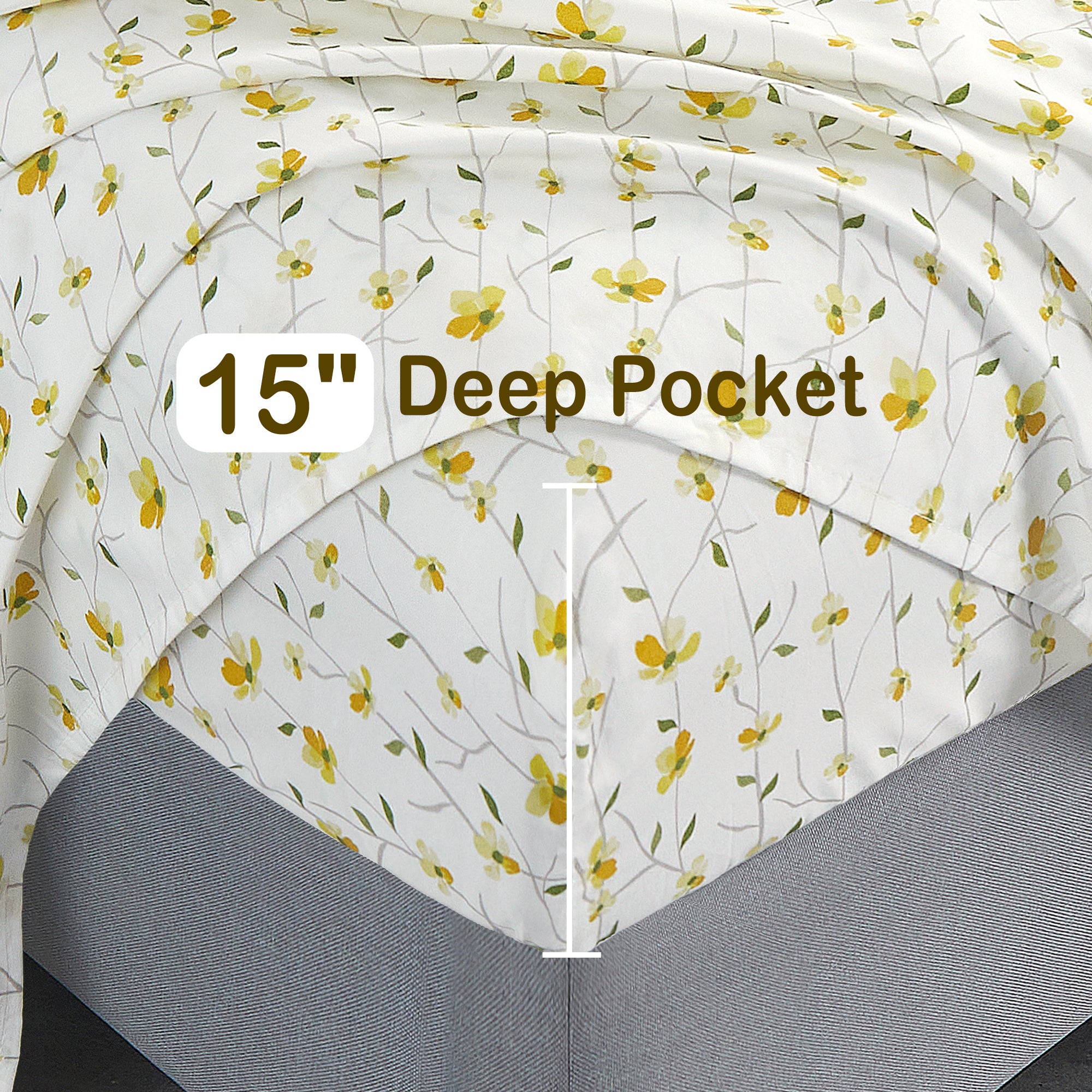 Parure de lit à motif de fleurs jaunes vives avec sangles antidérapantes 