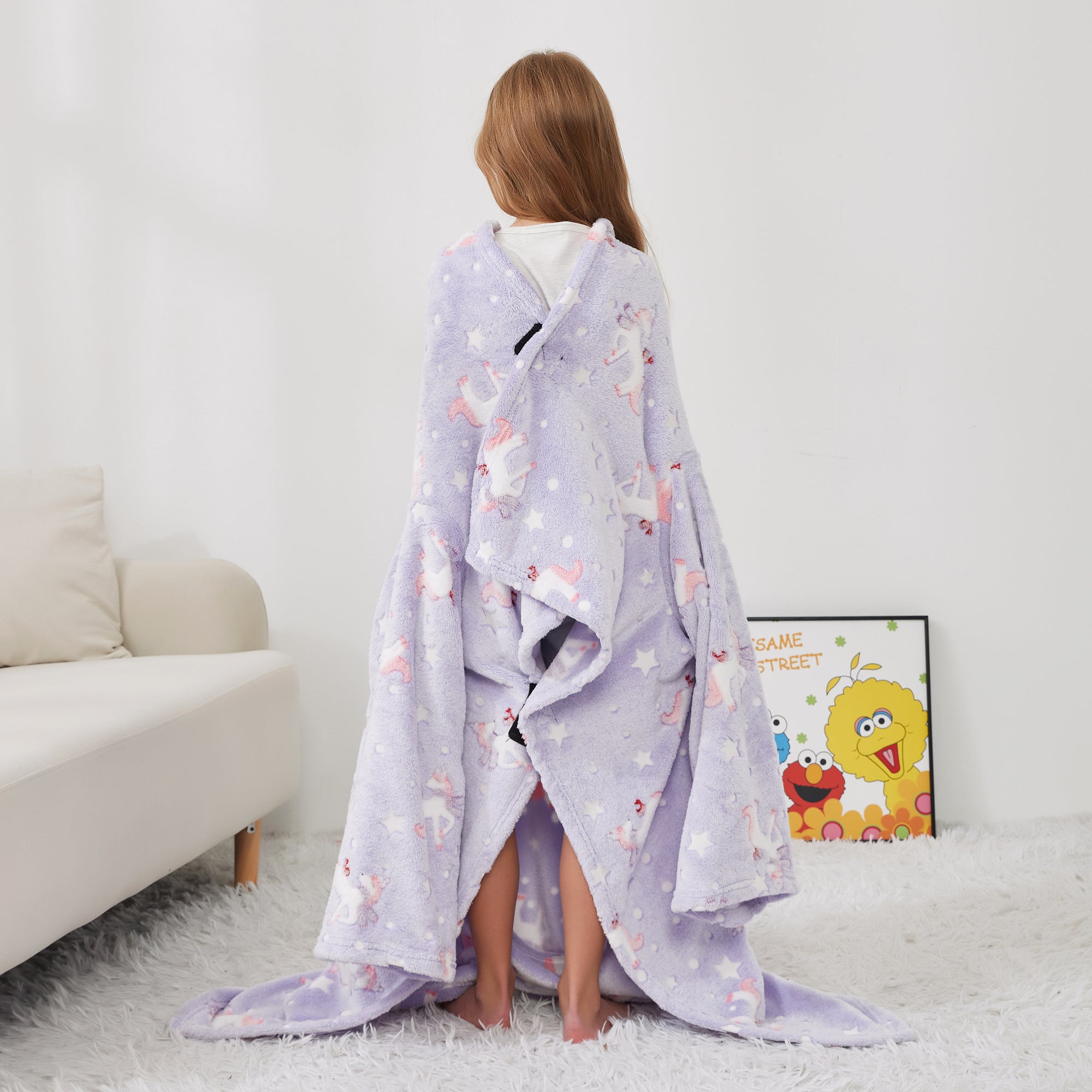 Glowing Unicorn Wearable Fleece Blanket with Sleeves & Foot Pocket for Kids