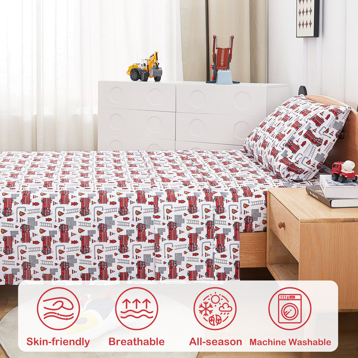 Happy Fire Rescue Play Kids Bed Sheet Set Deep Pocket Double Brushed Microfiber