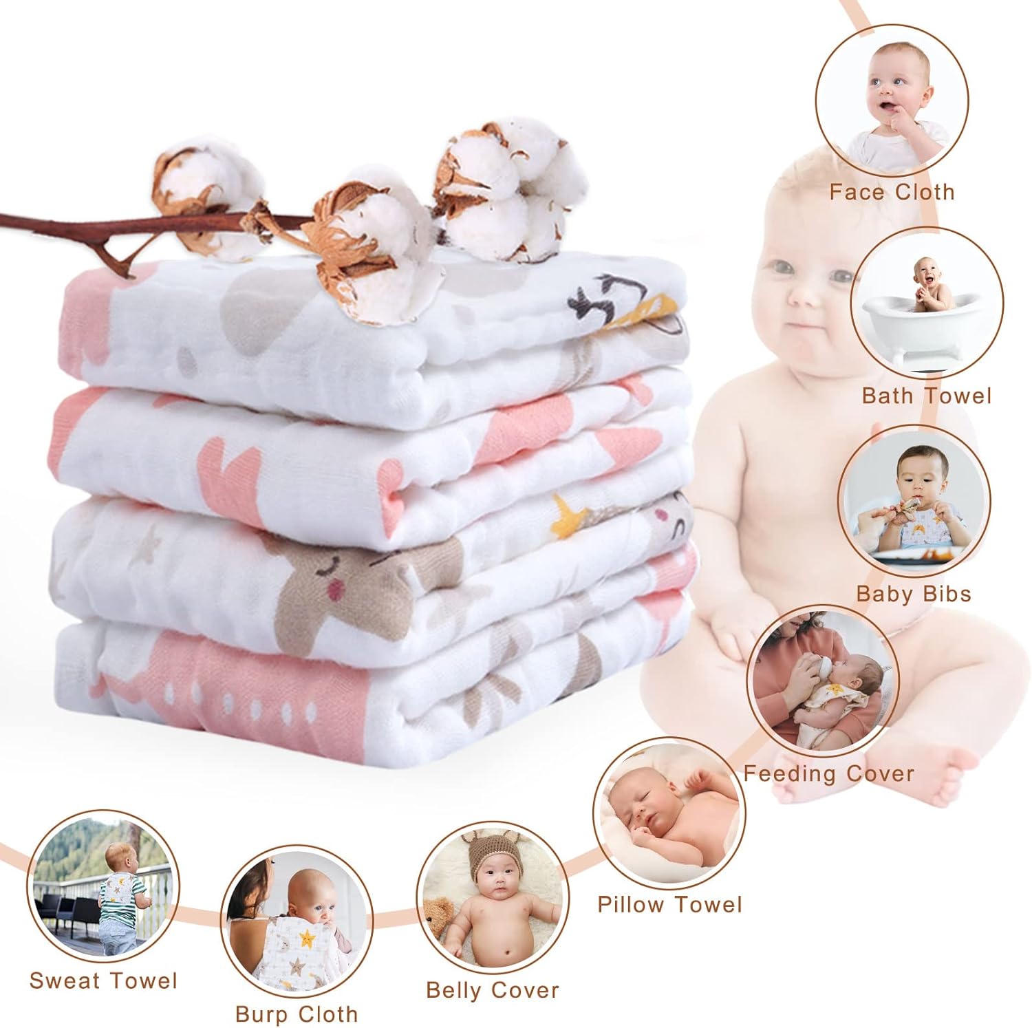 Pink Heart Baby Muslin Burp Cloths 10" x 20" 4 Pack