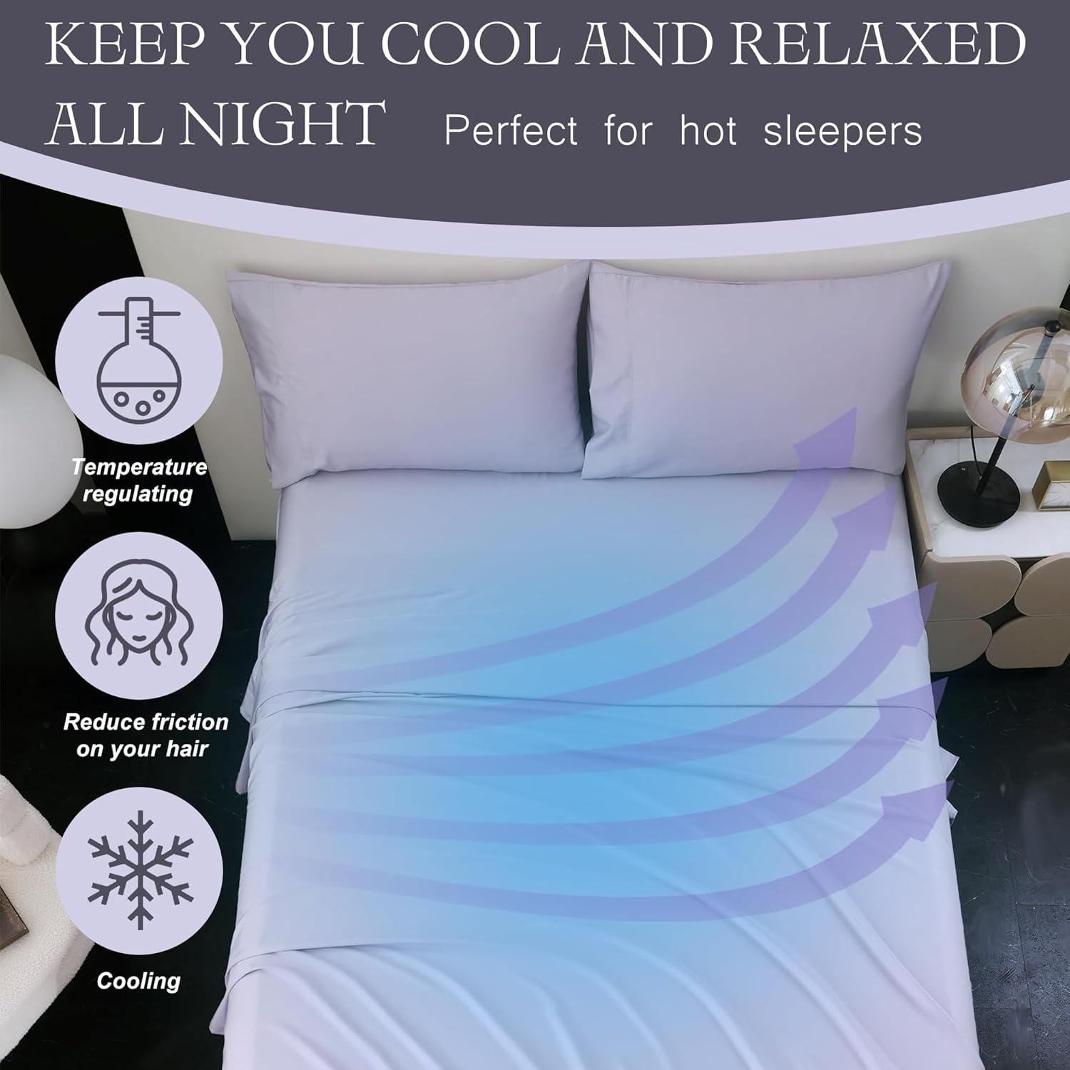 Cooling Full Sheets, Bamboo Viscose with Elastic Corner Straps, Lilac Cold Siky Sheet & Pillowcase Sets for Hot Sleepers Visit the Viviland Store