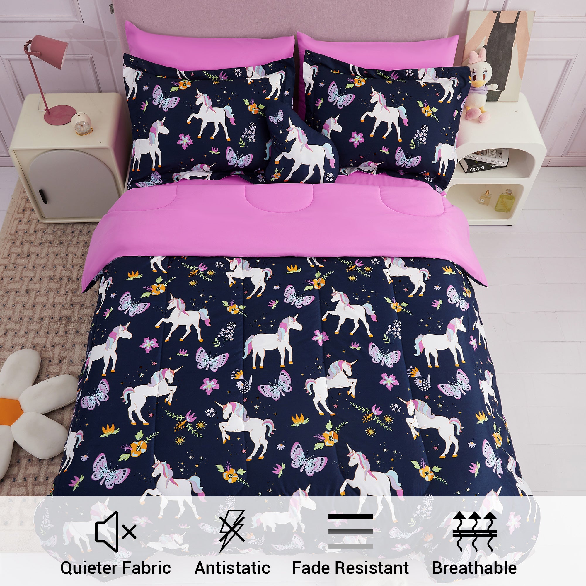 Purple Pink Unicorn Kids Comforter Sets– 6 or 8 Piece Options