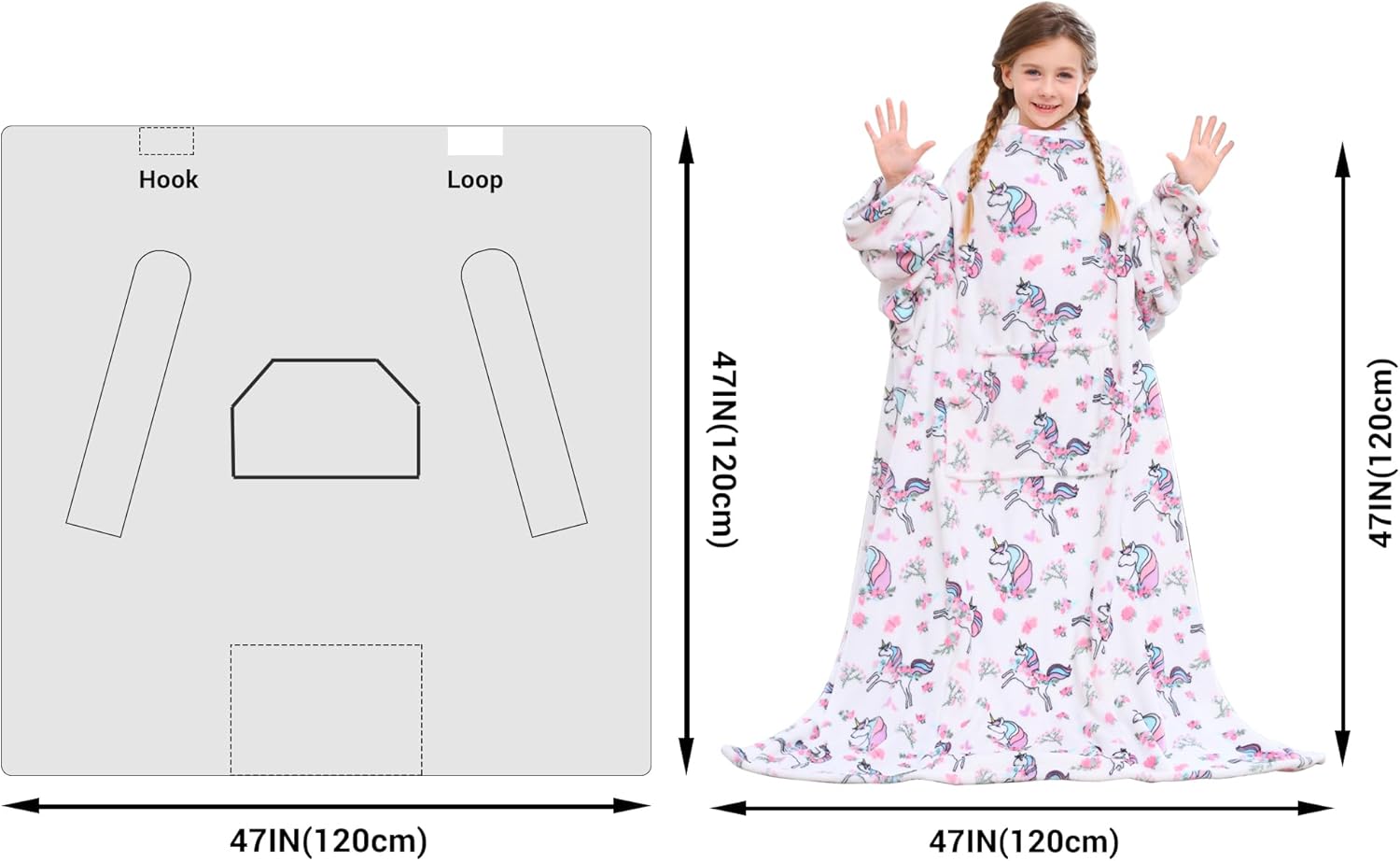 White Unicorn Kids Wearable Fleece Blanket with Sleeves & Foot Pocket