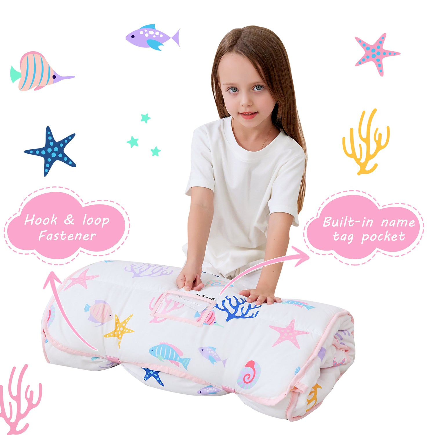 White Mermaid Toddler Nap Mat with Pillow and Blanket