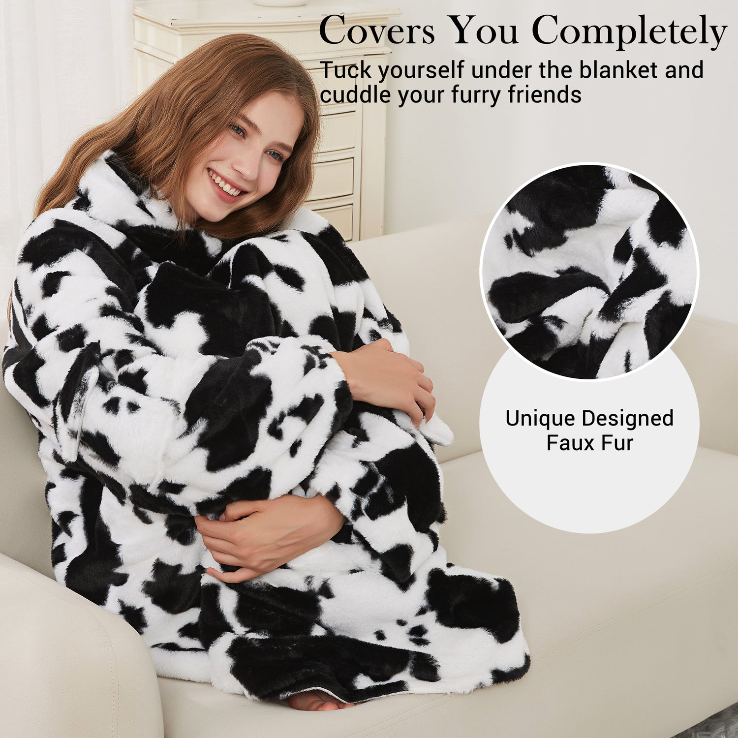 Black Cow Print Blanket Hoodie Oversized Super Soft Warm Giant Pullover with Large Front Pocket,Gifts for Women Men Teenagers