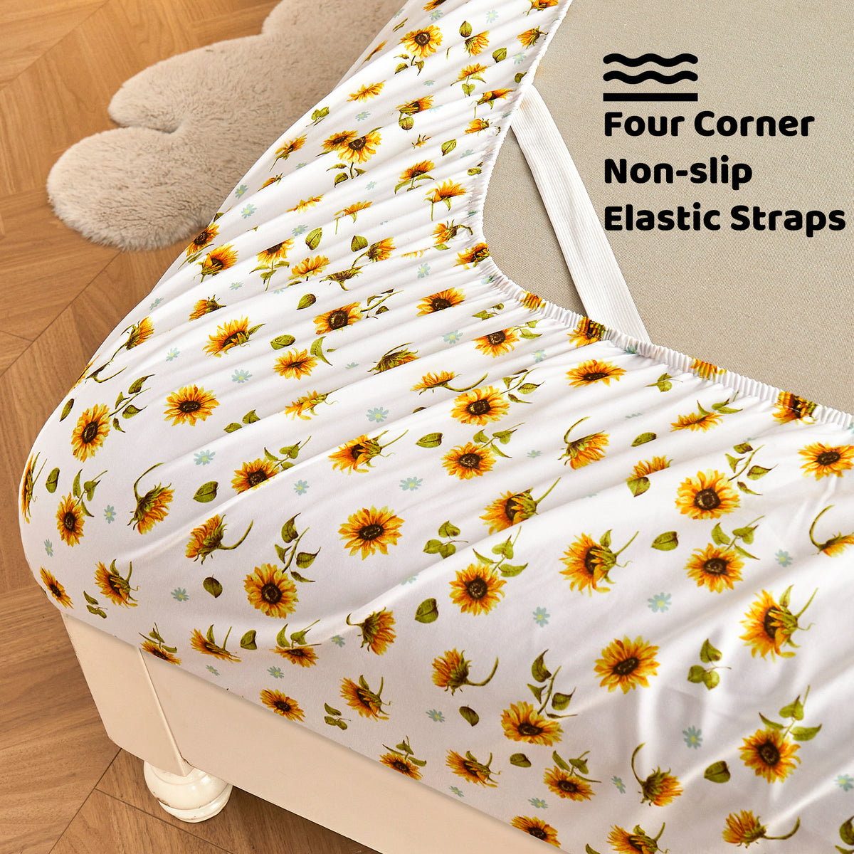 Sunflower Patterned Bed Sheet Set with Non-Slip Straps