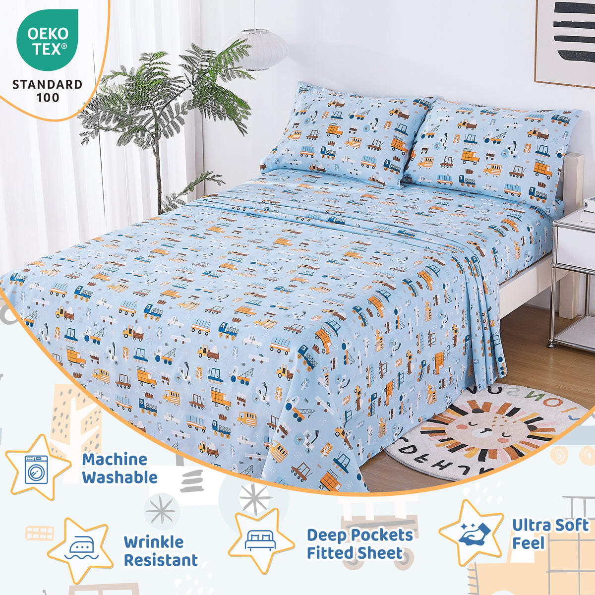 Blue Truck Kids Bed Sheet Set Deep Pocket Double Brushed Microfiber