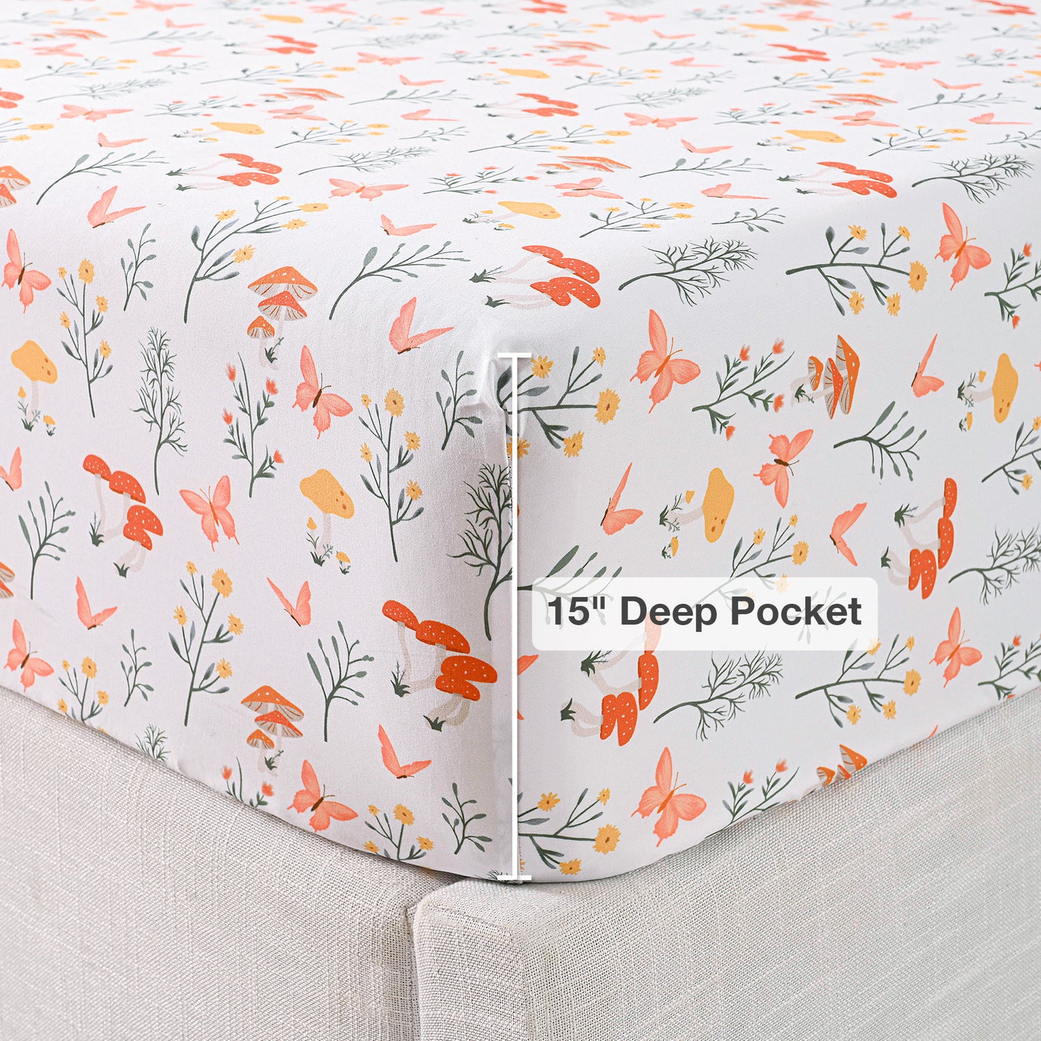 4 Piece Mushroom Vintage Butterfly Flower Patterned Bed Sheets Set