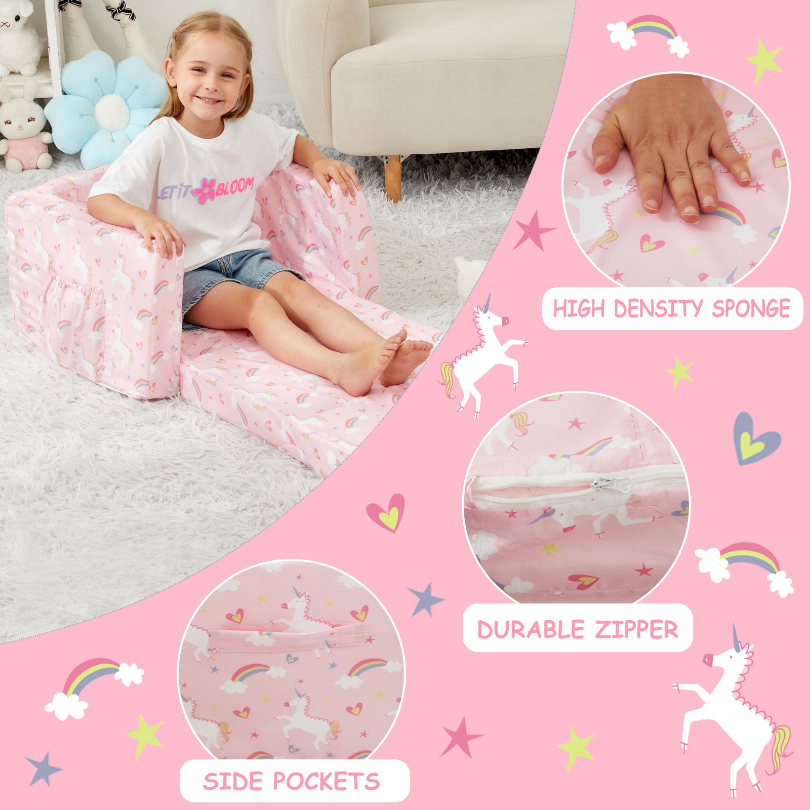 Pink Unicorn 2-in-1 Soft Toddler Couch Fold Out