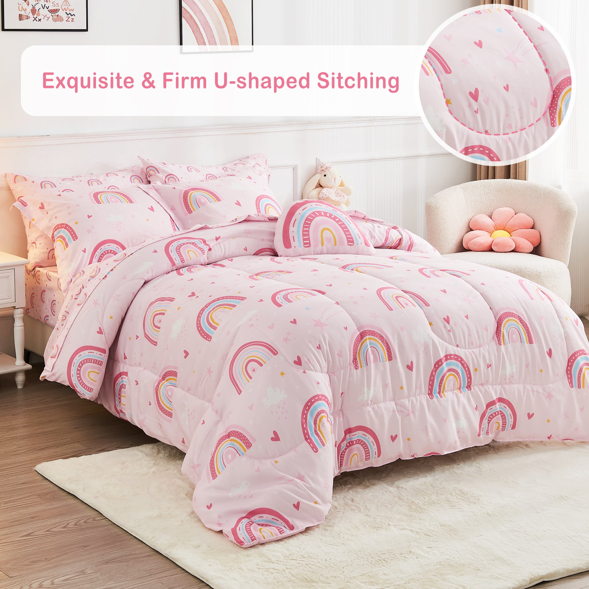 Pink Rainbow Kids Comforter Sets – 6 or 8 Piece Options
