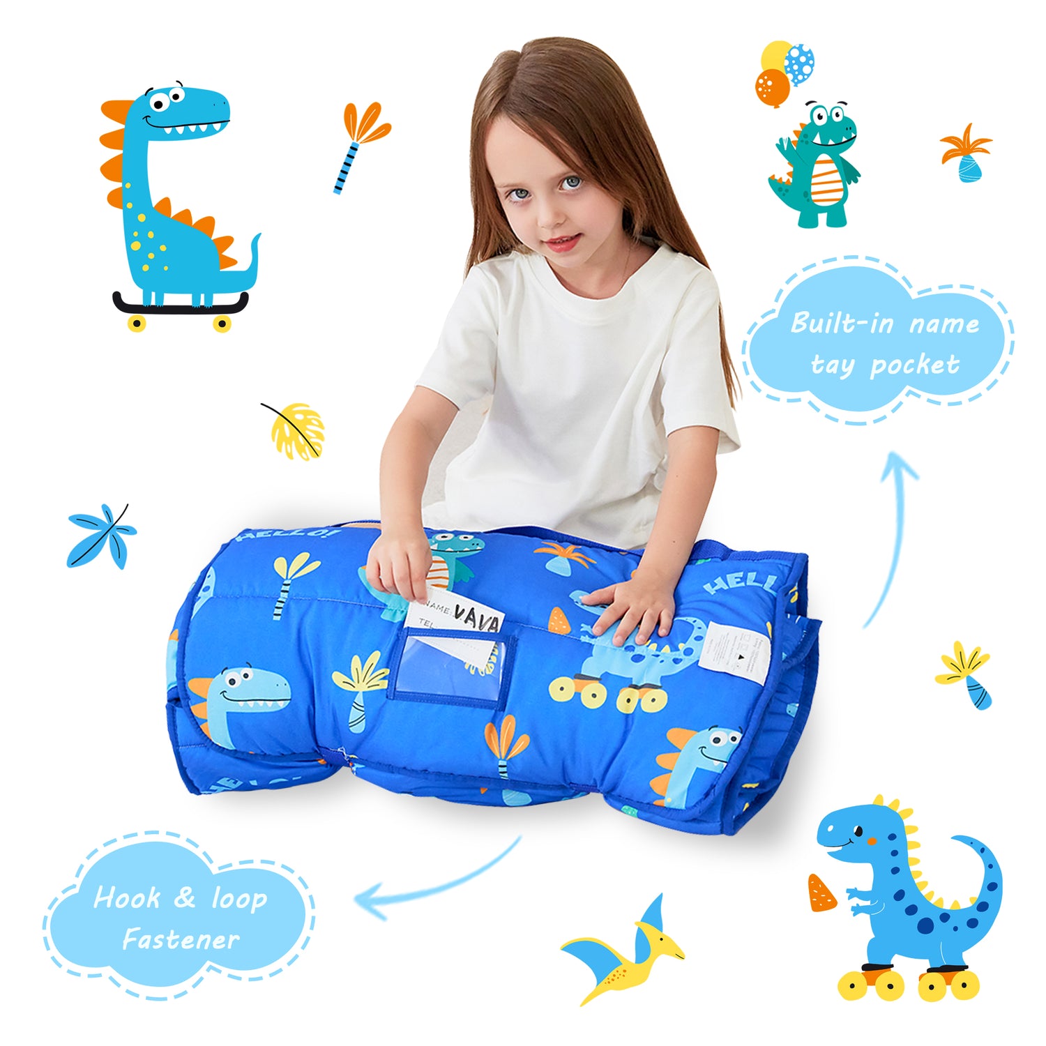 Blue Dinosaurs Toddler Nap Mat with Pillow and Blanket