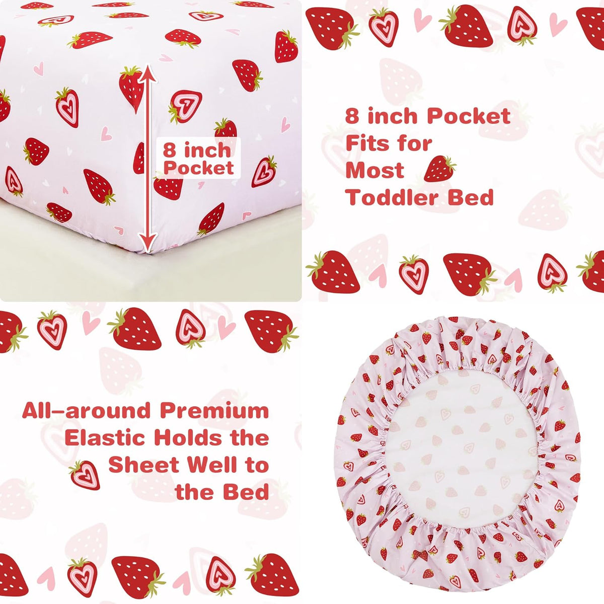 Pink Strawberry Printed Toddler Comforter Set– 4 Piece