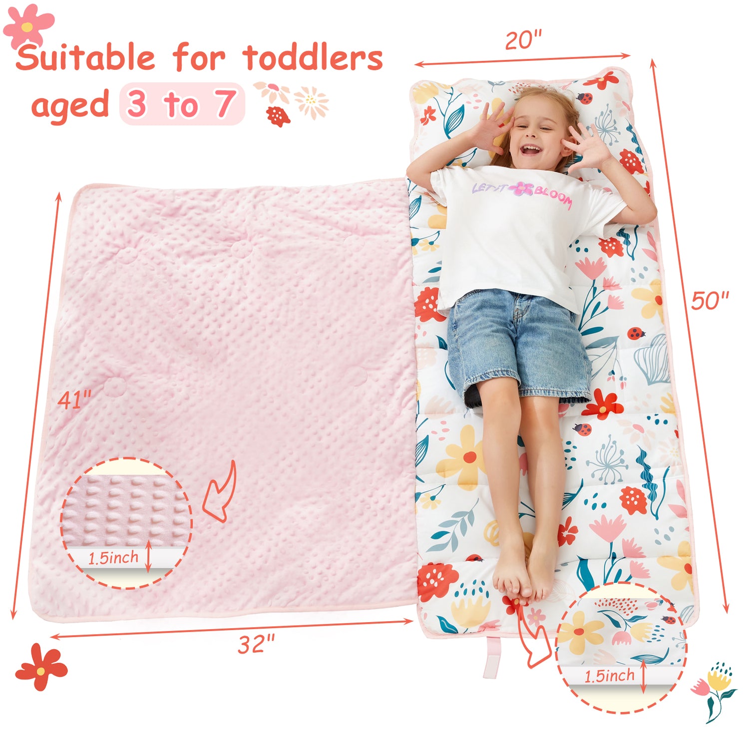 Flower Toddler Nap Mat with Pillow and Blanket