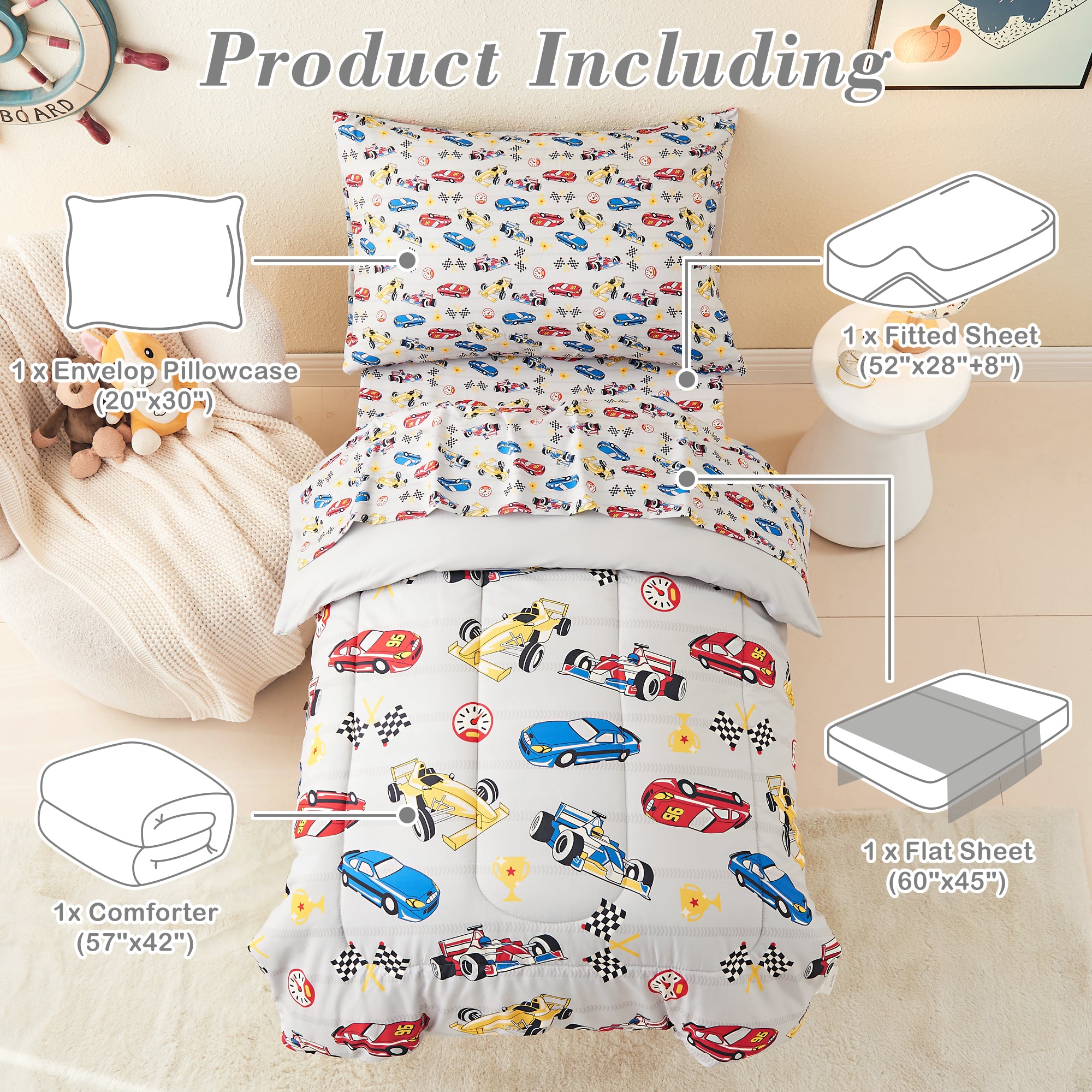 Race Cars Toddler Comforter Set– 4 Piece