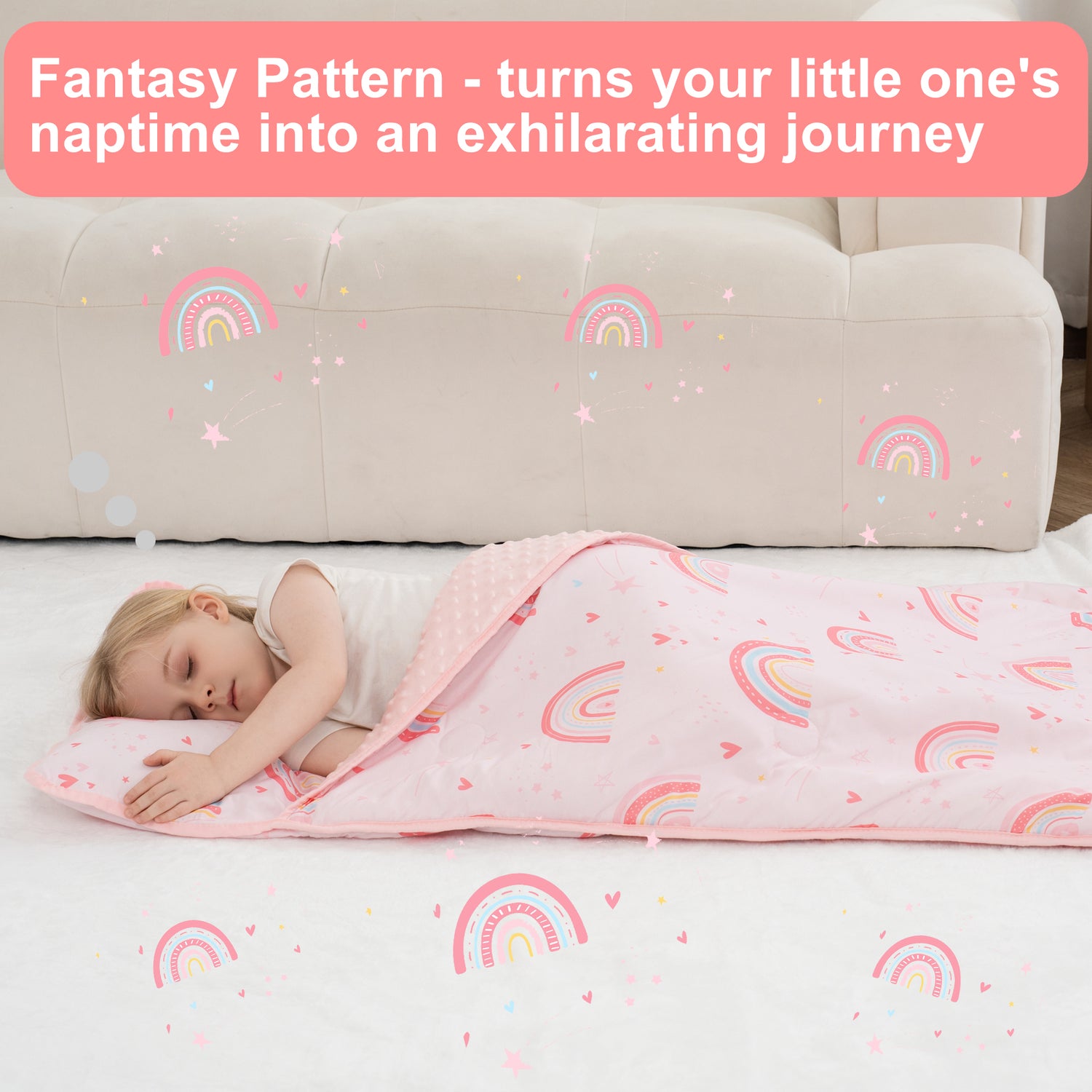 Pink Rainbow Toddler Nap Mat with Pillow and Blanket
