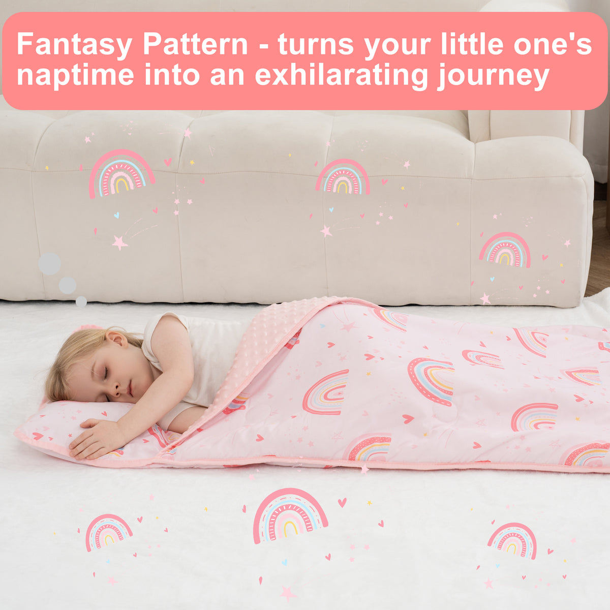 Pink Rainbow Toddler Nap Mat with Pillow & Blanket