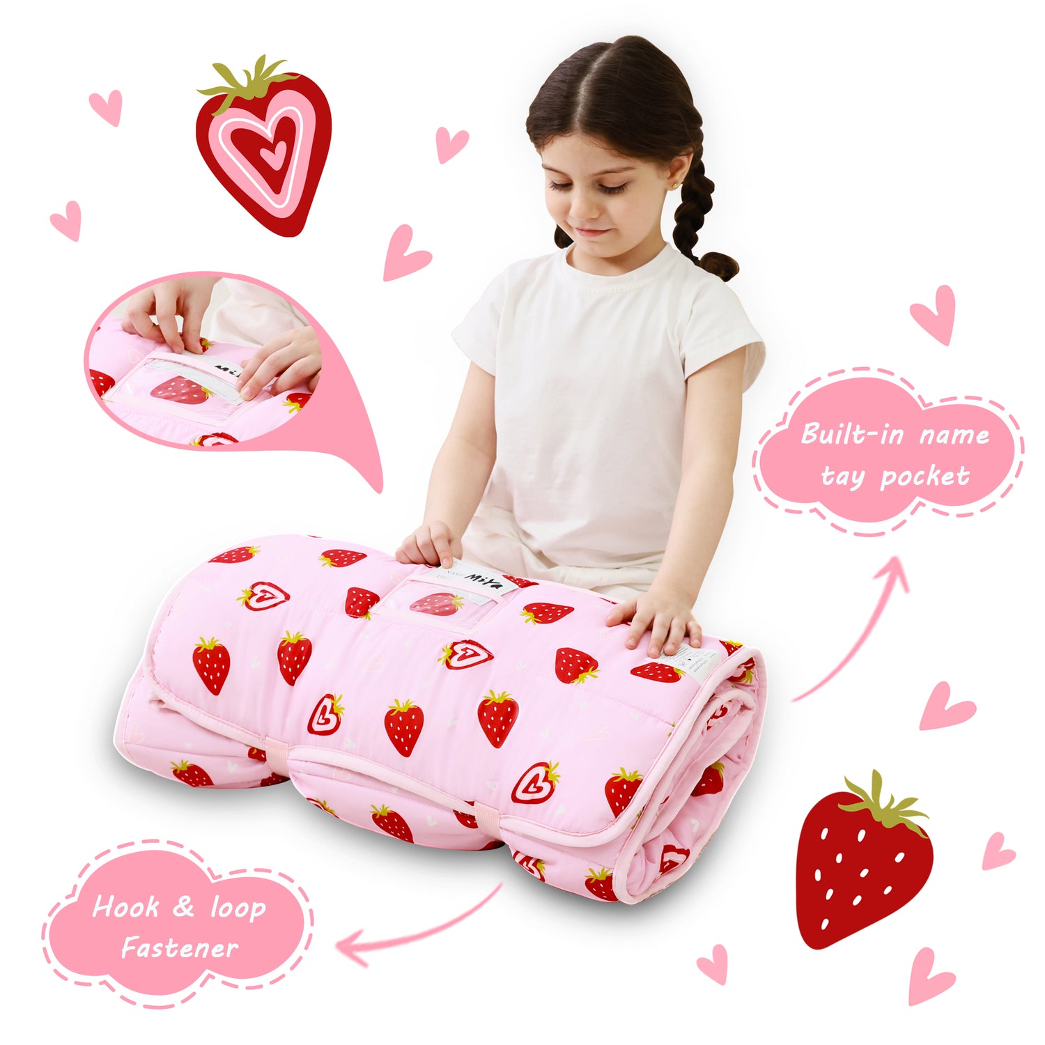 Pink Strawberry Toddler Nap Mat with Pillow and Blanket