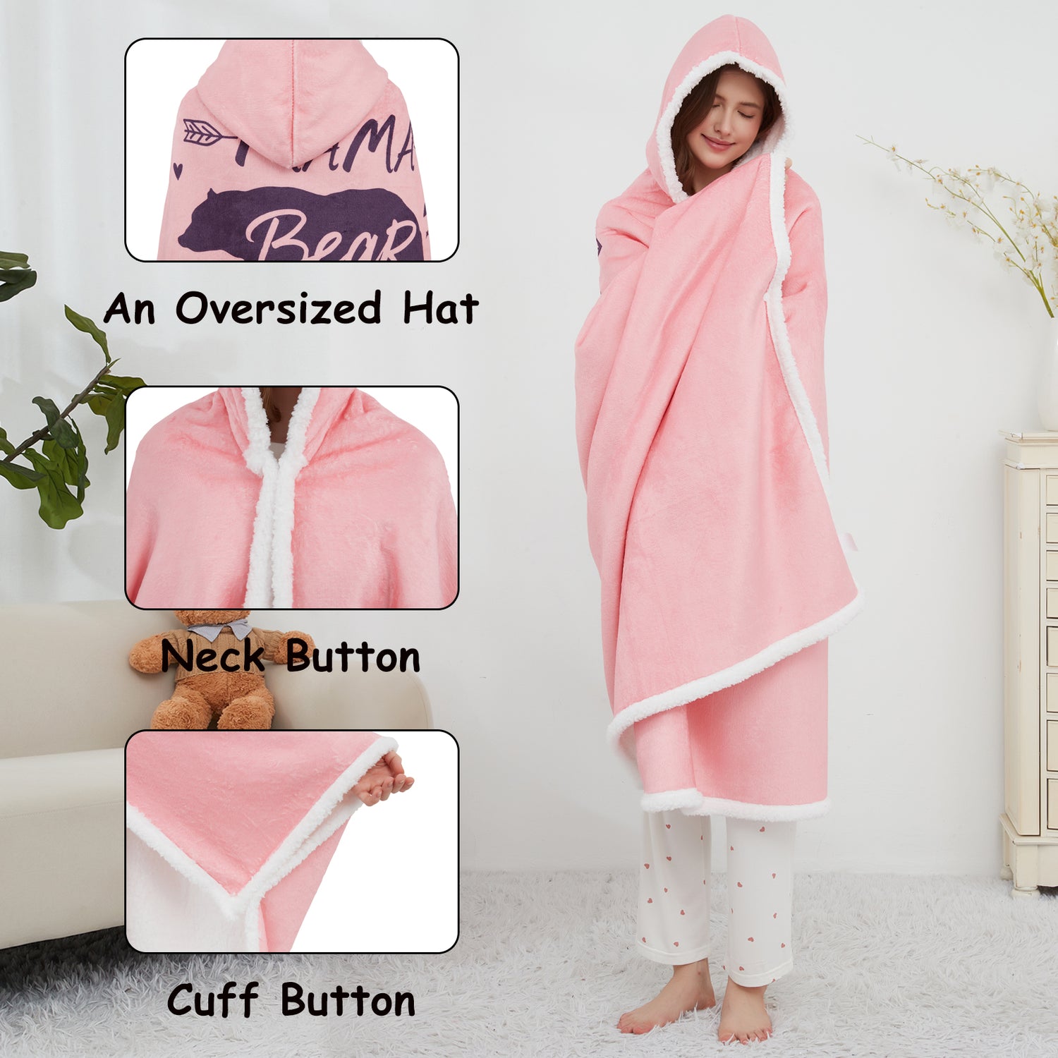 Pink Bear Wearable Blanket Hoodie Mothers Day Birthday Gifts for Wife
