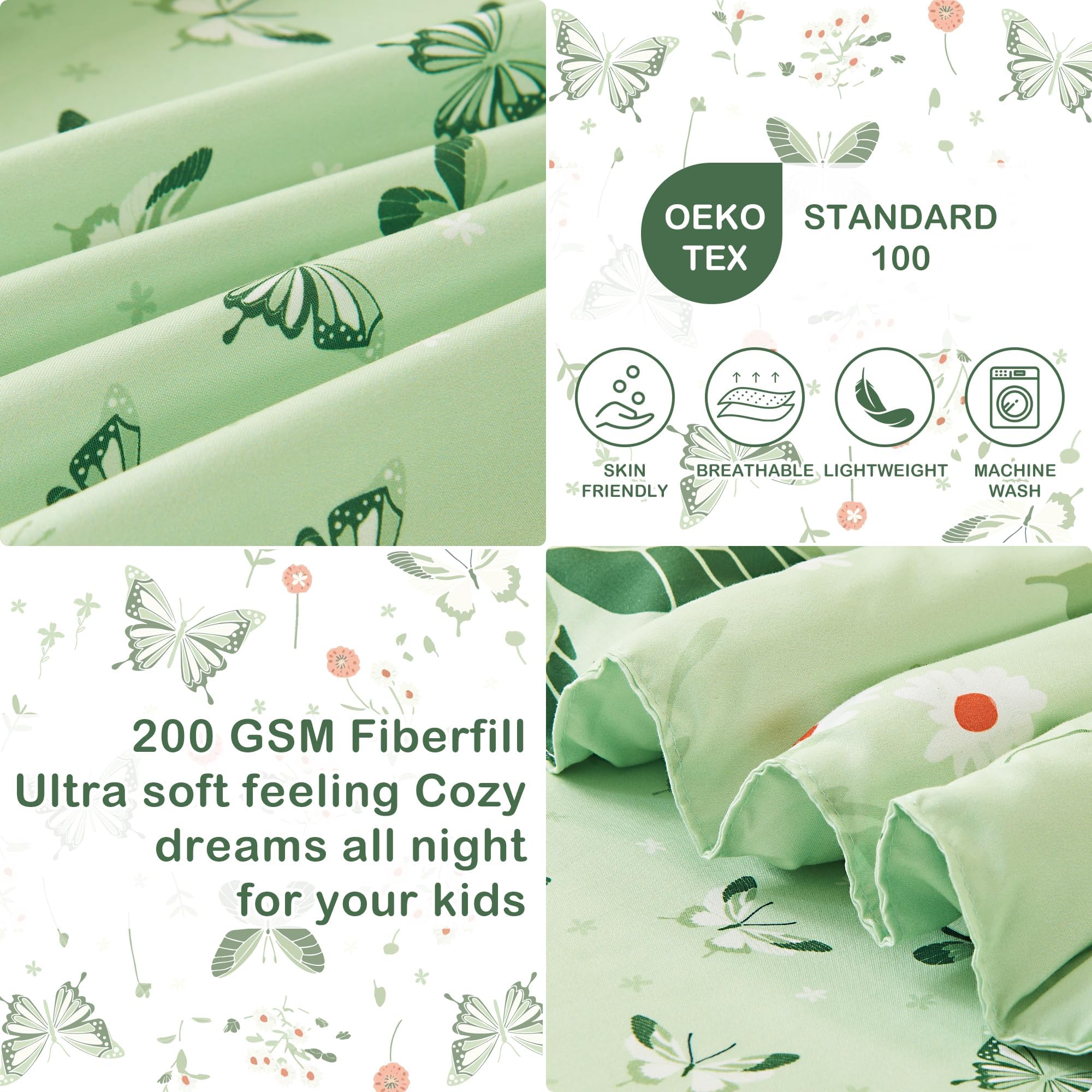 Sage Green Butterfly Toddler Comforter Set– 4 Piece