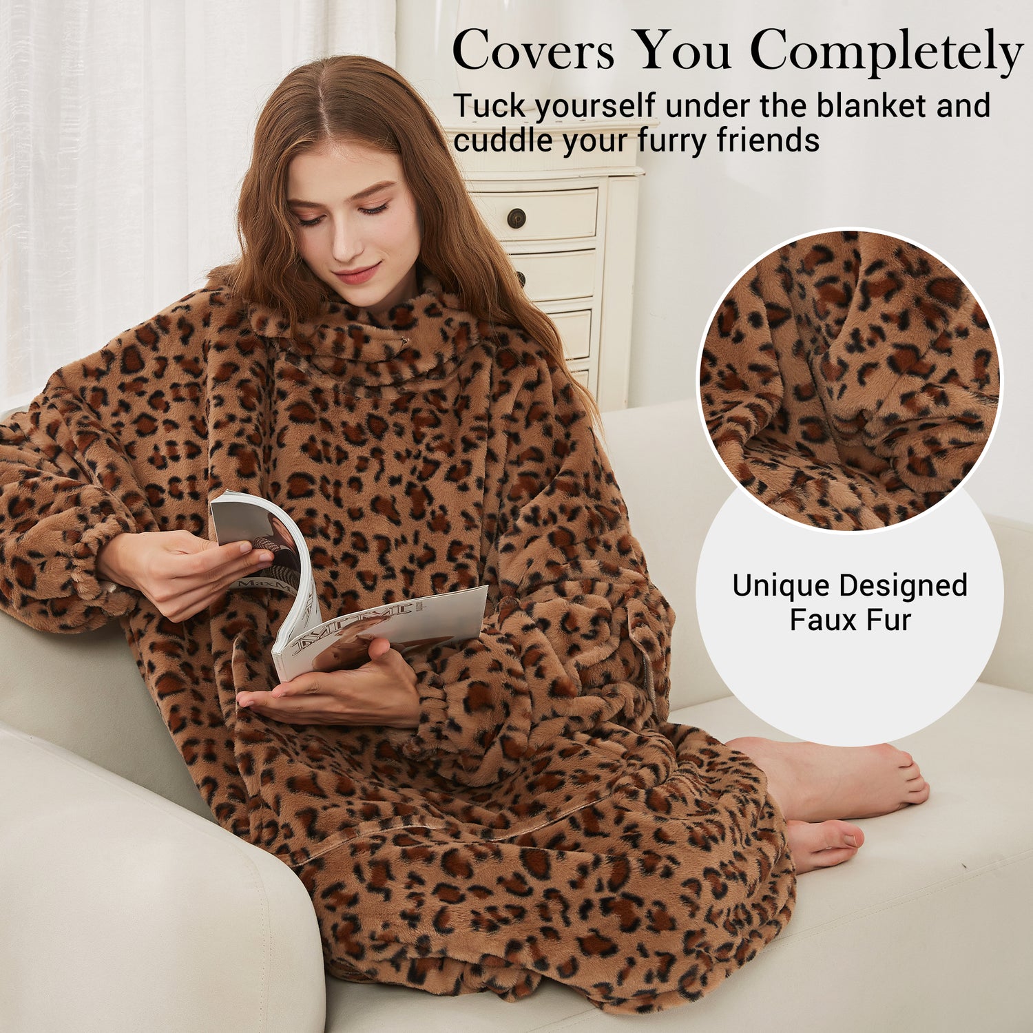 Leopard Blanket Hoodie Oversized Super Soft Warm Giant Pullover with Large Front Pocket,Gifts for Women Men Teenagers