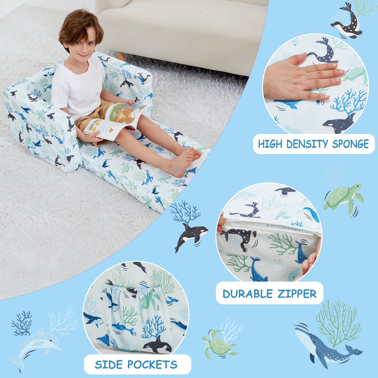 White Bottom Excavator 2-in-1 Soft Toddler Couch Fold Out