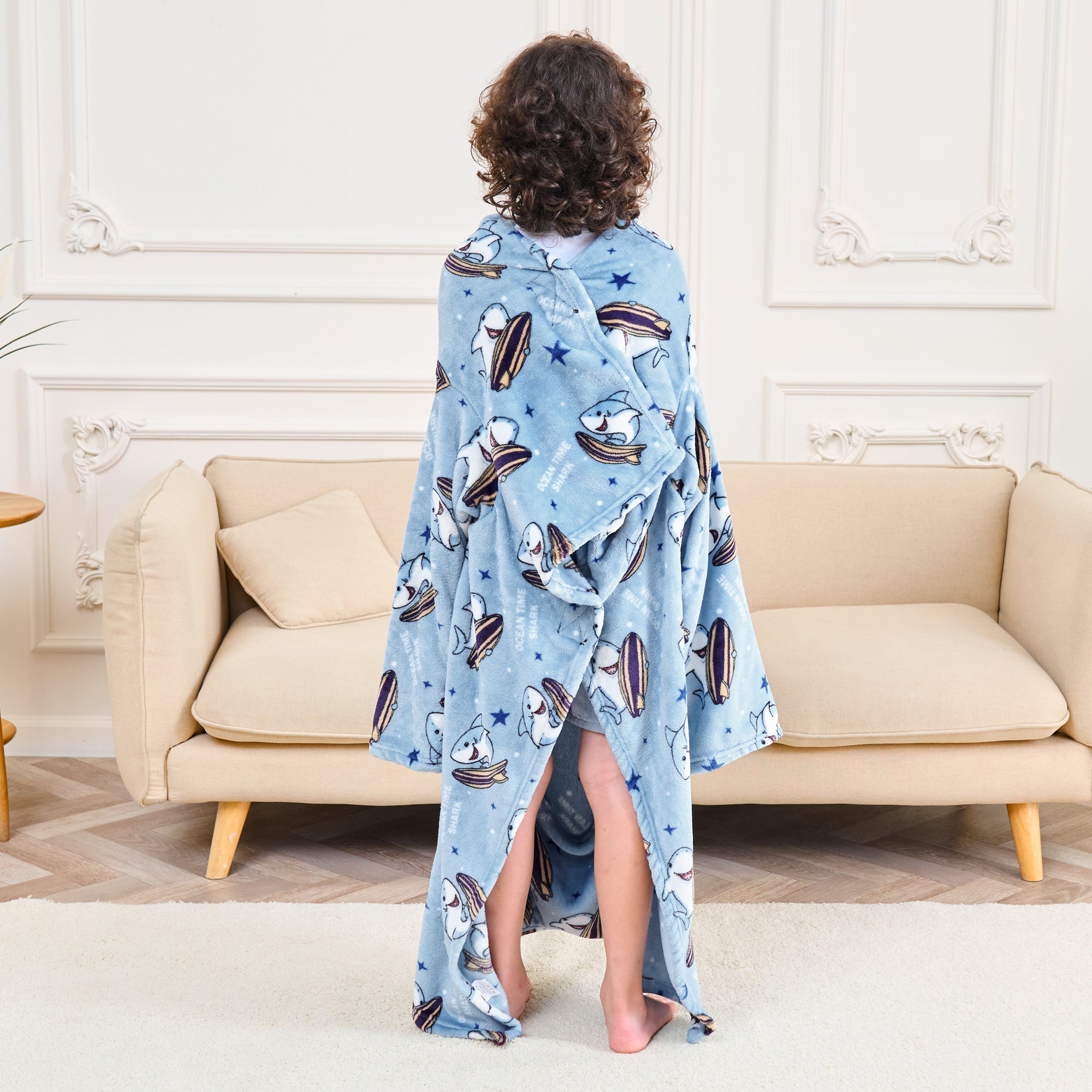 Shark Wearable Fleece Blanket with Sleeves & Foot Pocket for Kids