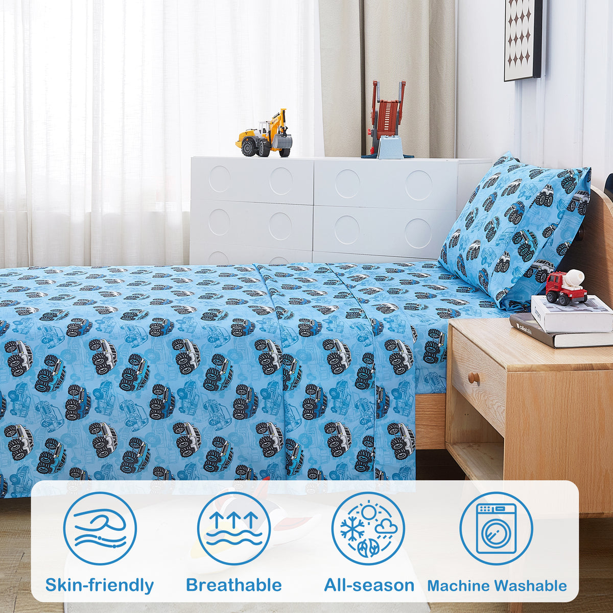 Truck-tastic Adventure Kids Bed Sheet Set Deep Pocket Double Brushed Microfiber