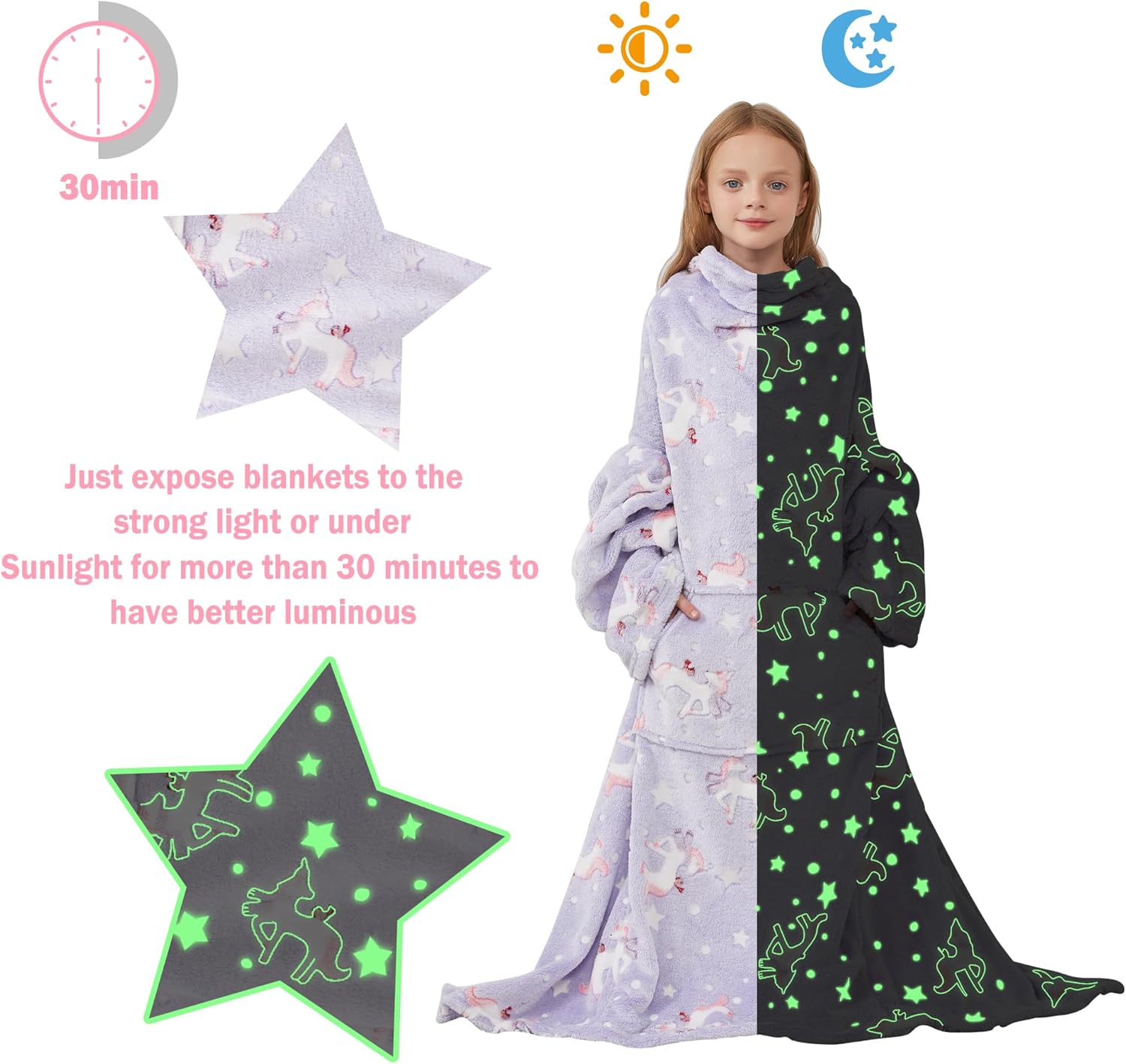 Kids Wearable Fleece Blanket with Sleeves & Foot Pocket for Kids Girls Boys, Lightweight Soft Blanket,Glow in the dark Unicorn
