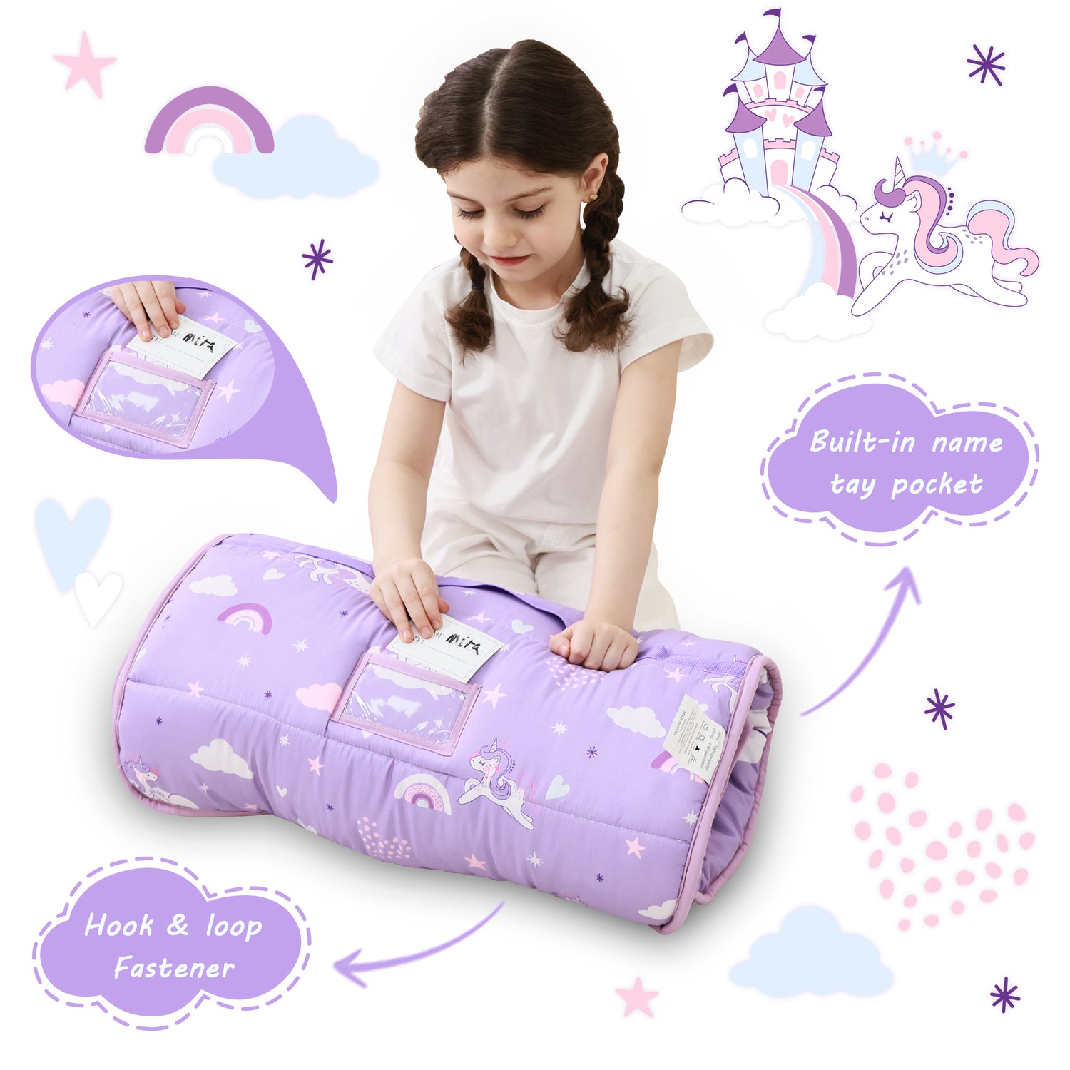 Purple Unicorn Toddler Nap Mat with Pillow and Blanket