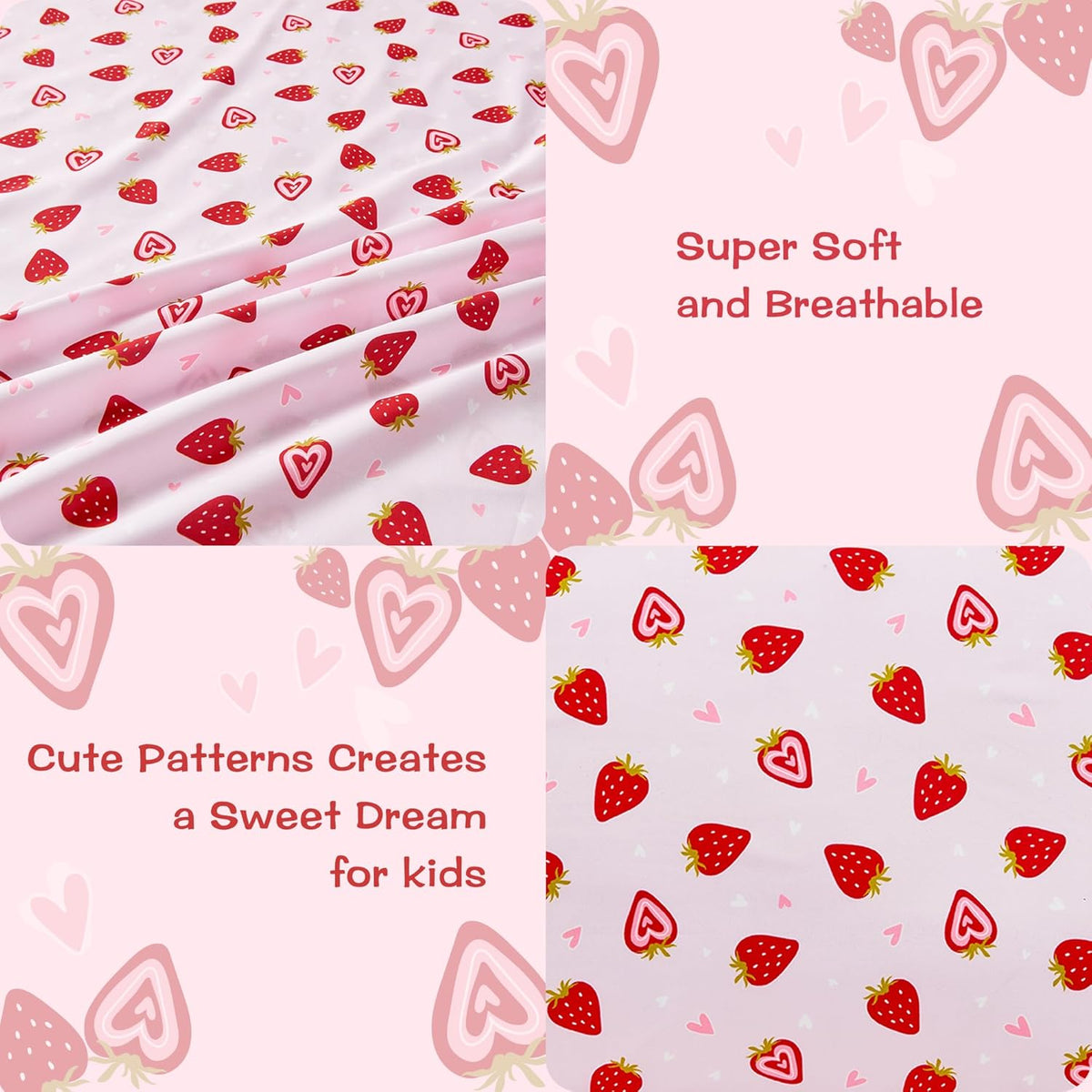 Dreamy Strawberry Kids Bed Sheet Set Deep Pocket Double Brushed Microfiber