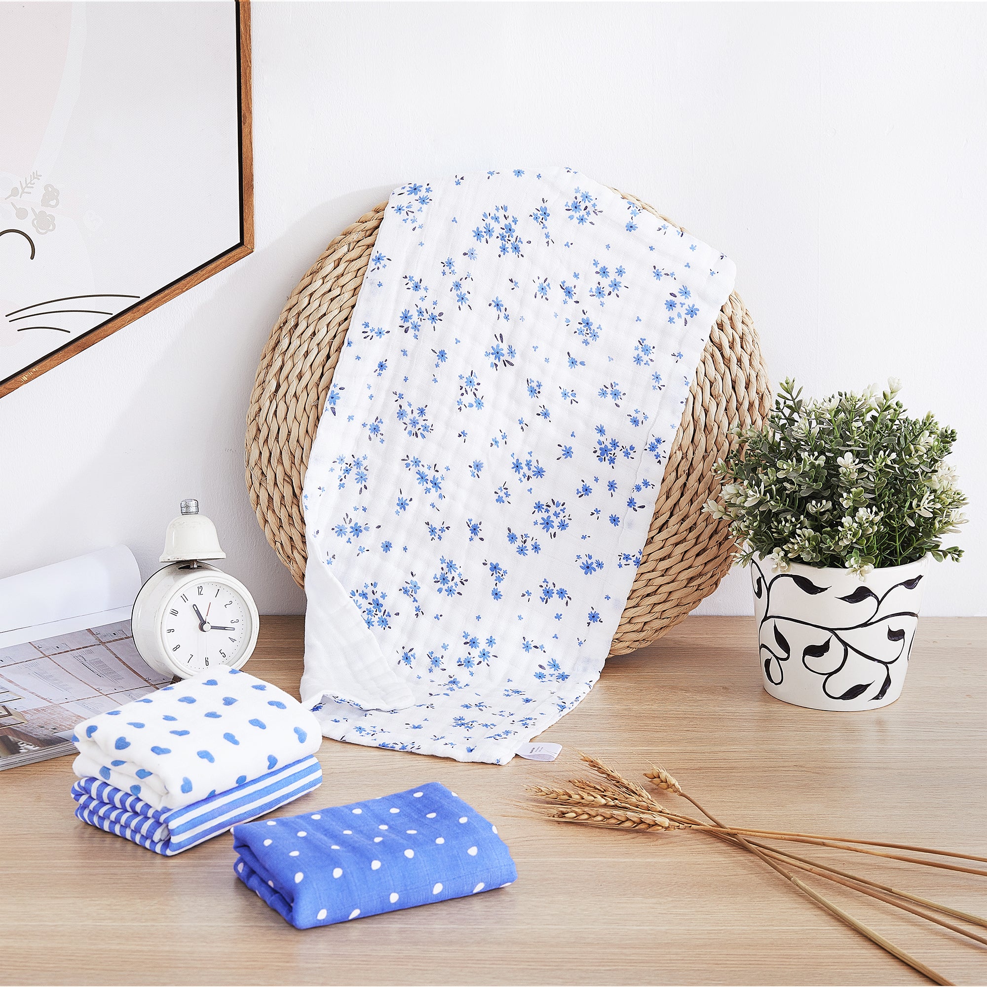 Heart & Flowers Baby Muslin Burp Cloths 10" x 20" 4 Pack