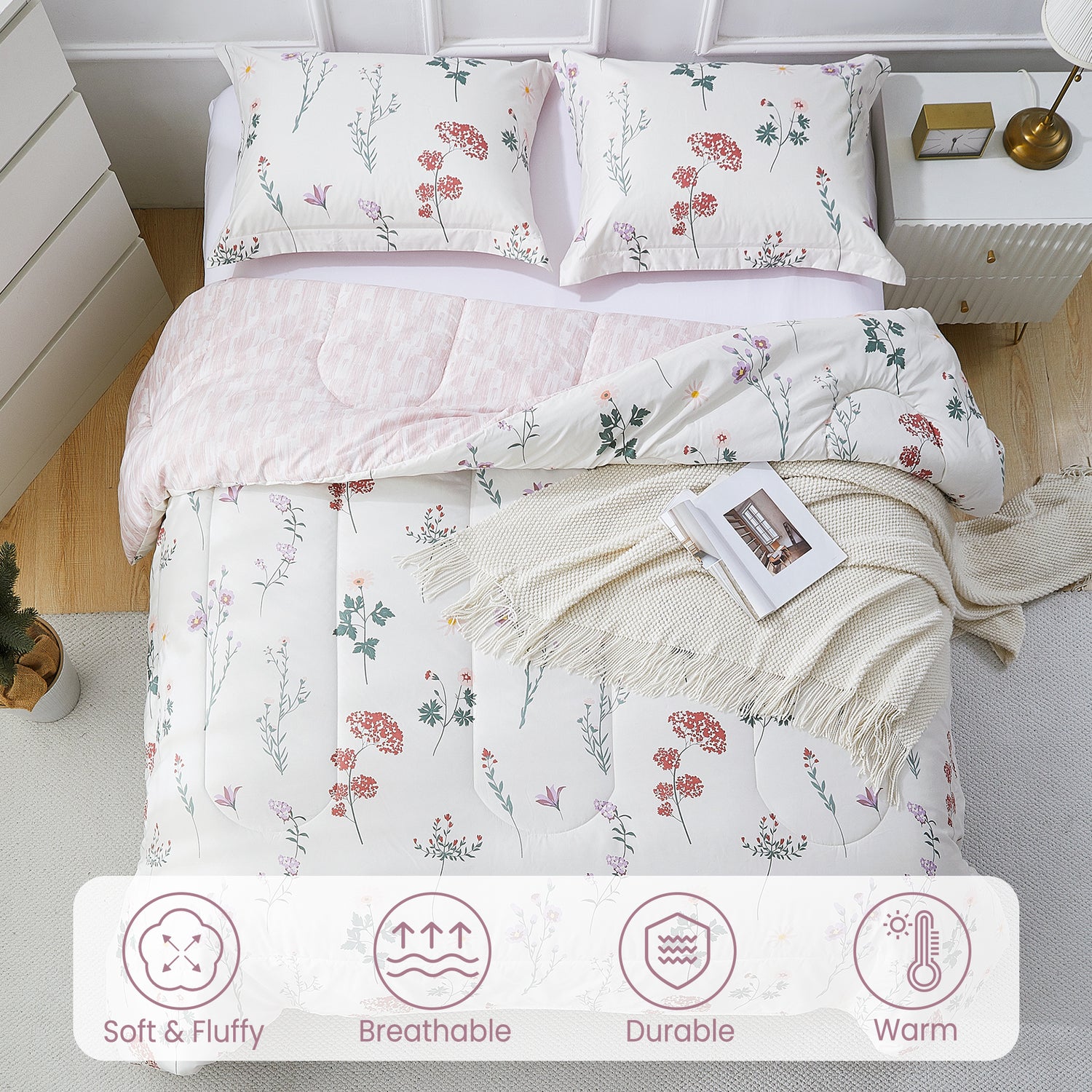 White Flower 3 Pieces Comforter Sets with Pillow Shams