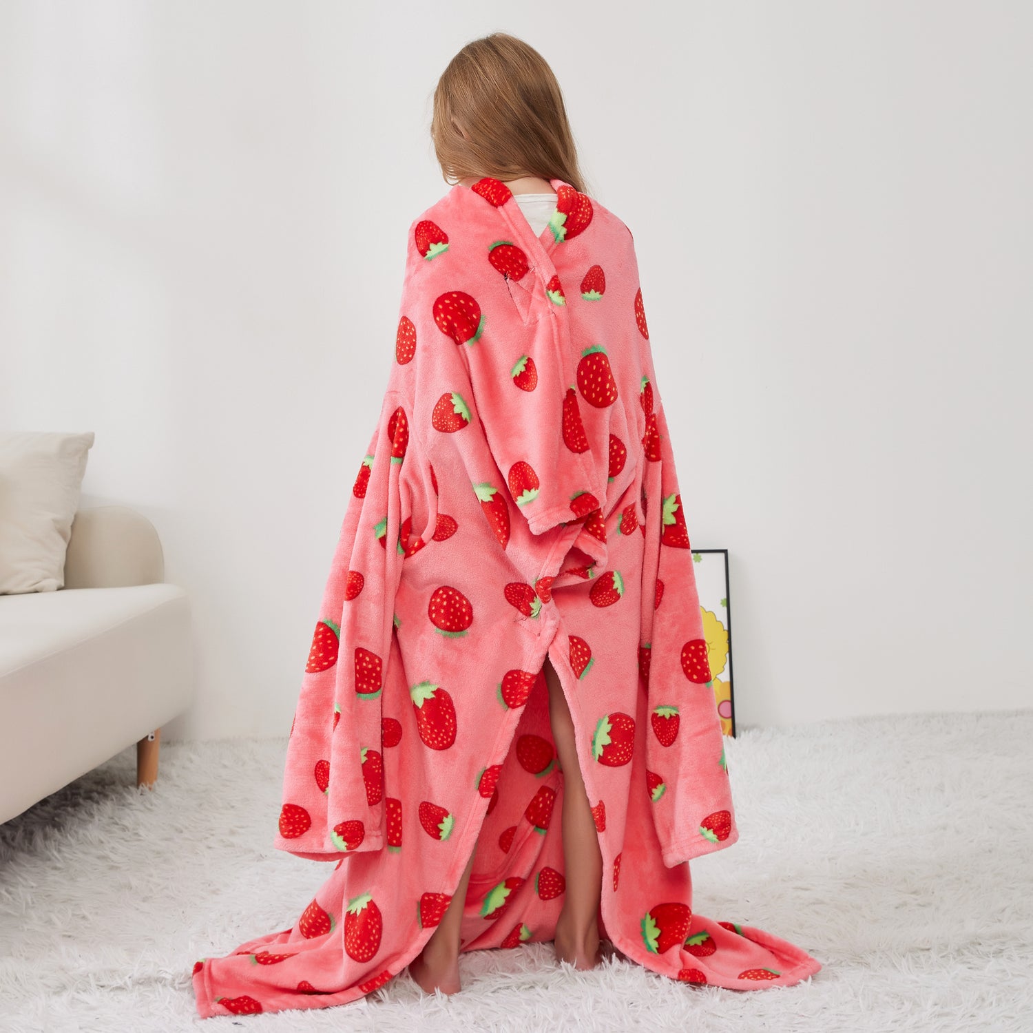Strawberry Wearable Fleece Blanket with Sleeves & Foot Pocket for Kids
